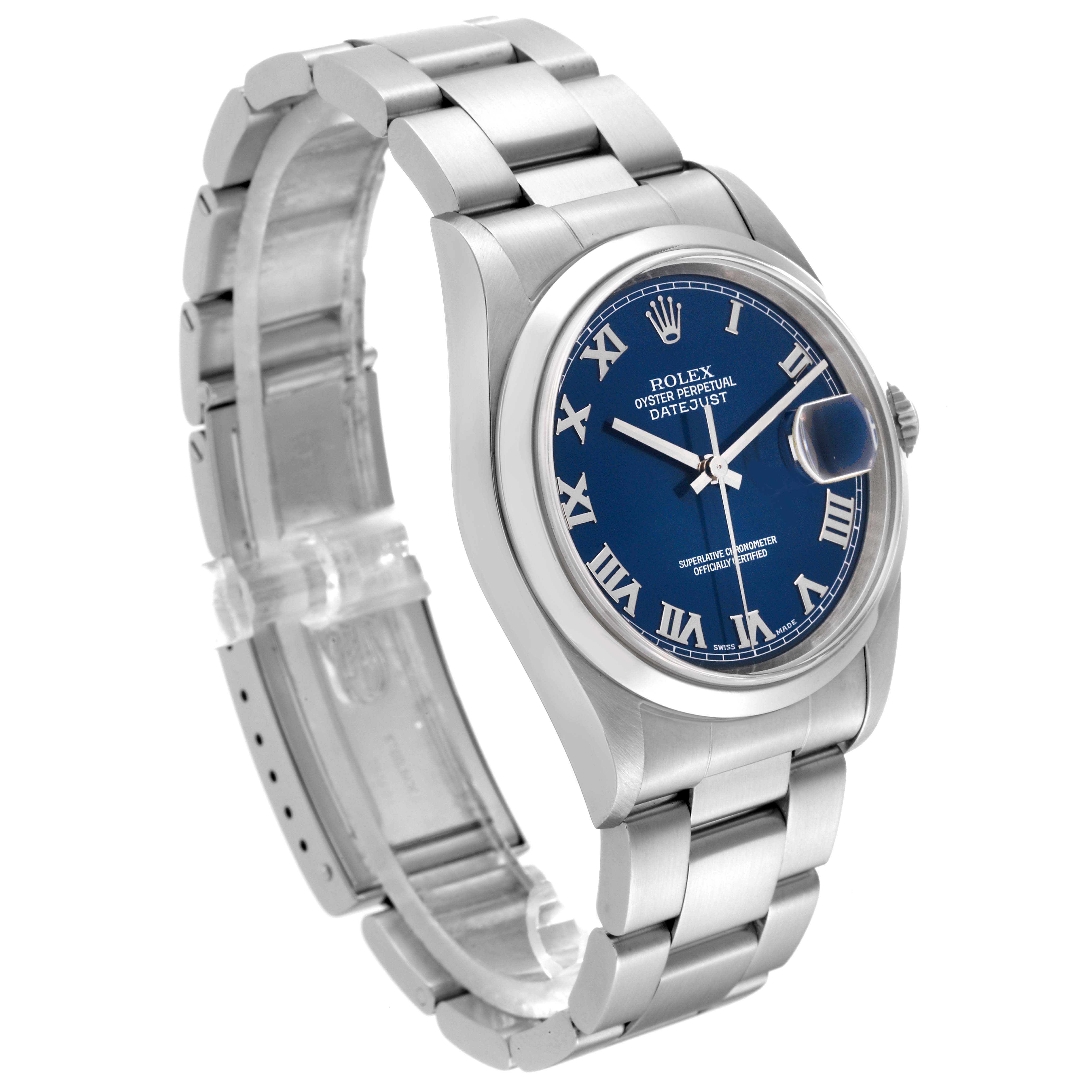 This Rolex Datejust 16200 Men's Stainless Steel Blue Dial 16200 Men's Stainless Steel Blue Dial watch is shown at a three-quarter angle, highlighting the blue dial, stainless steel bracelet, and bezel.