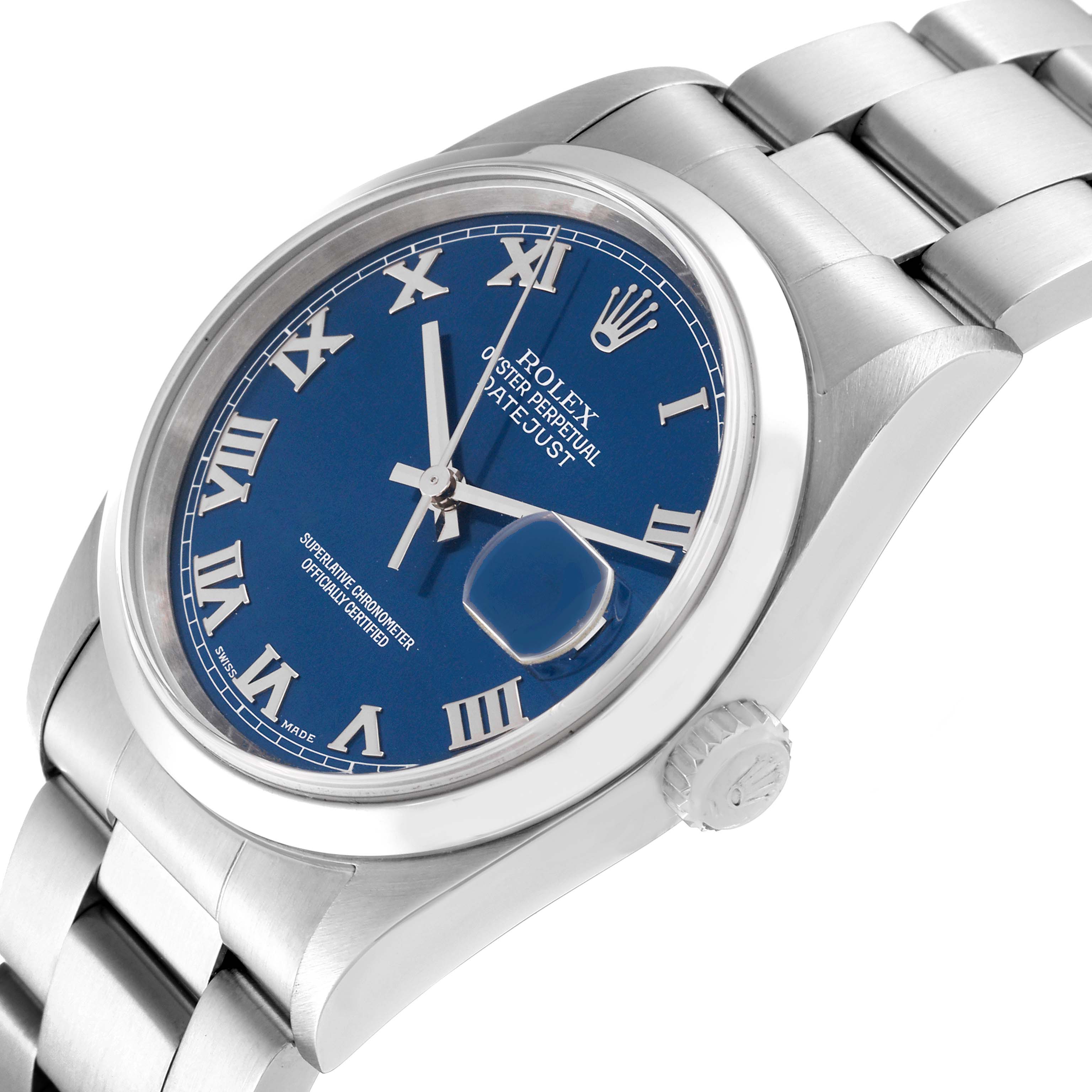 The Rolex Datejust 16200 Men's Stainless Steel Blue Dial 16200 Men's Stainless Steel Blue Dial watch is shown at a side angle, highlighting its blue dial, Roman numeral indices, and bracelet.