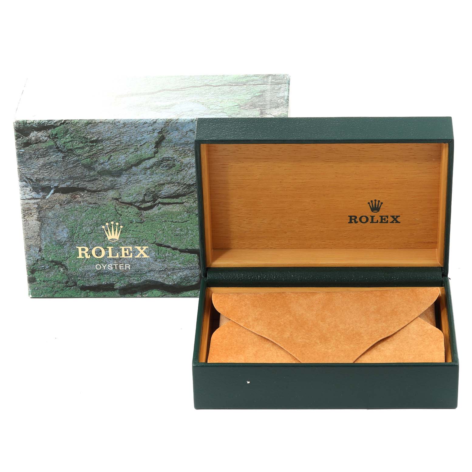 The image shows an open Rolex Datejust 16200 Men's Stainless Steel Blue Dial 16200 Men's Stainless Steel Blue Dial watch box displaying its interior with a closed envelope inside.