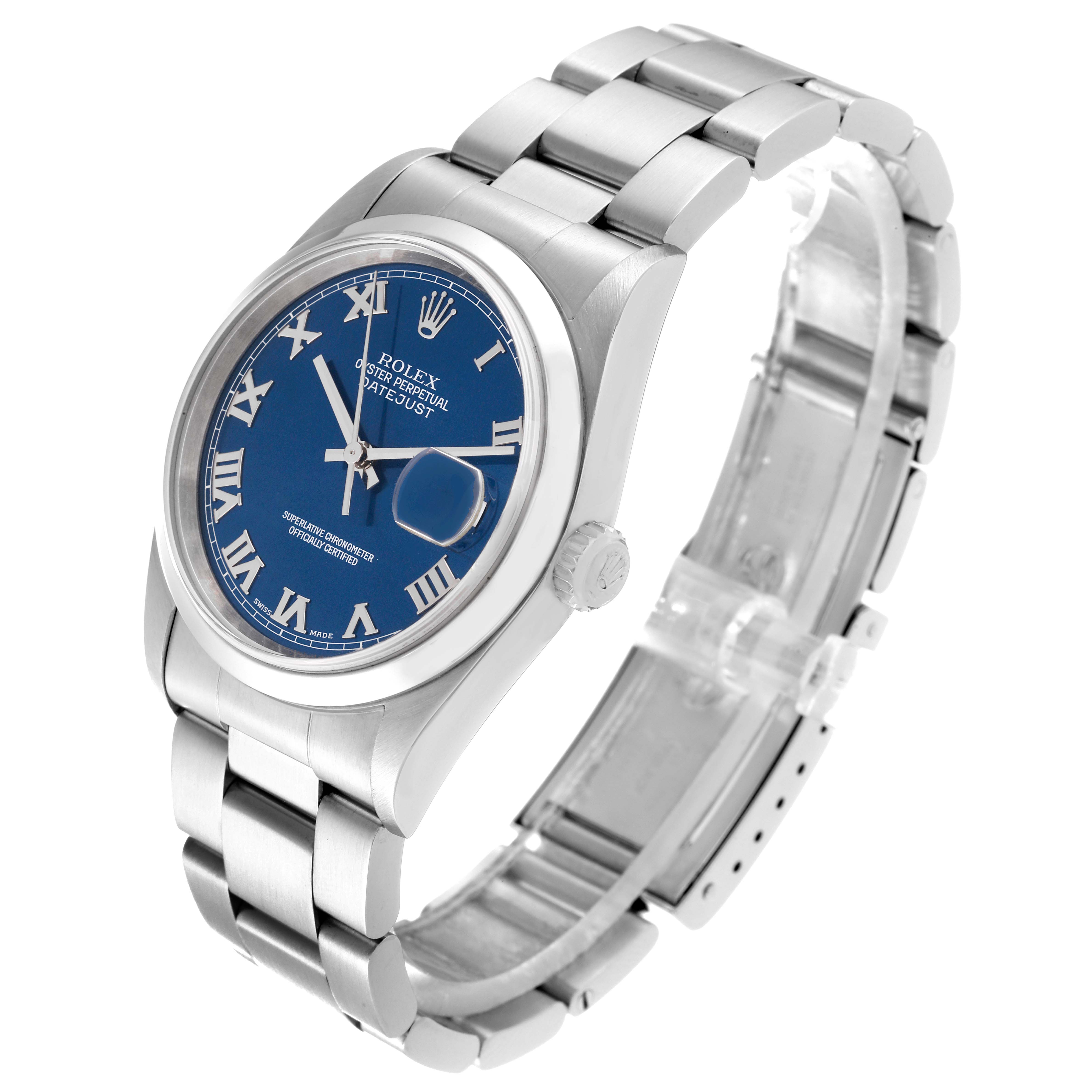 The image shows a Rolex Datejust 16200 Men's Stainless Steel Blue Dial 16200 Men's Stainless Steel Blue Dial watch viewed from a three-quarter angle, highlighting the blue dial, Roman numerals, and metal bracelet.