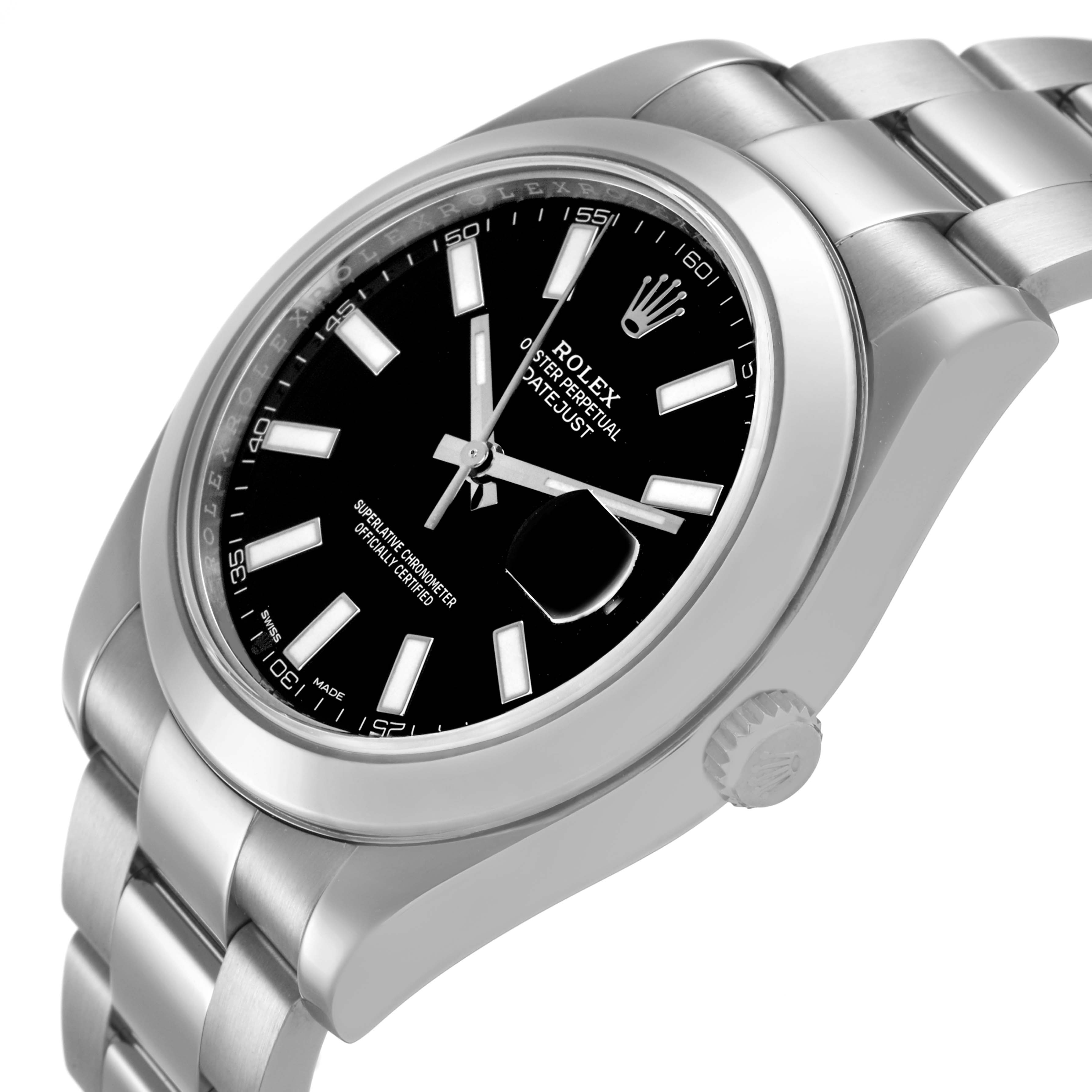 The Rolex Datejust 41 116300 Men's Stainless Steel Black Dial is shown at an angled side view, highlighting the watch face, crown, and bracelet.
