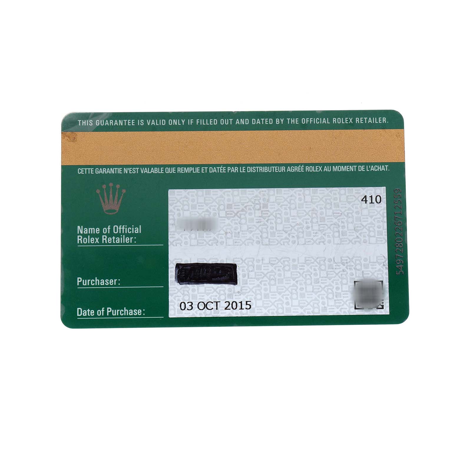 The image shows a guarantee card for the Rolex Datejust 41 116300 Men's Stainless Steel Black Dial with purchase details visible.