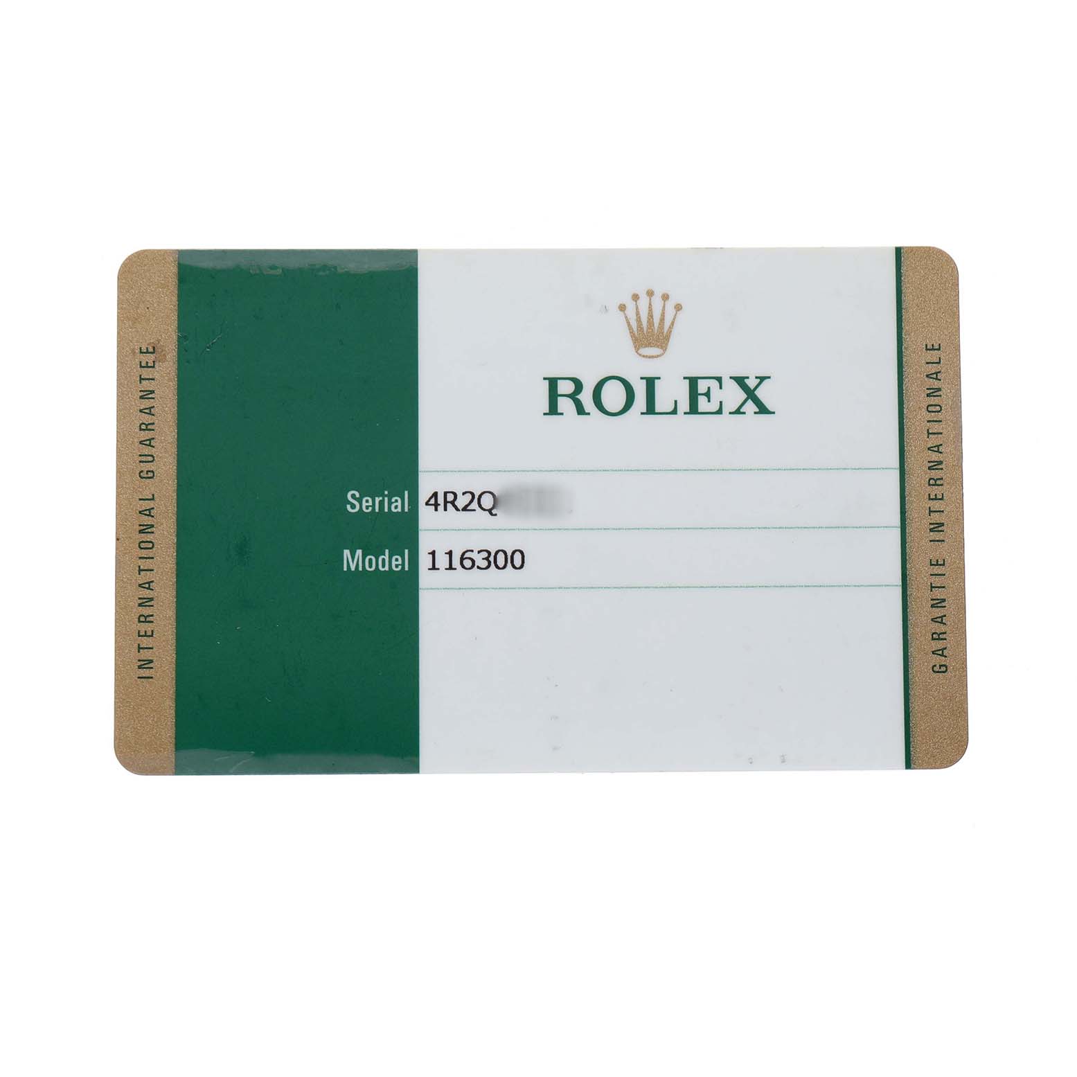 The image shows a guarantee card for a Rolex Datejust 41 116300 Men's Stainless Steel Black Dial, displaying the serial number and model number.