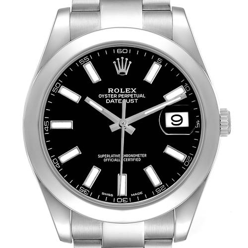The image shows a frontal view of the Rolex Datejust 41 116300 Men's Stainless Steel Black Dial, focusing on the dial, bezel, and bracelet.