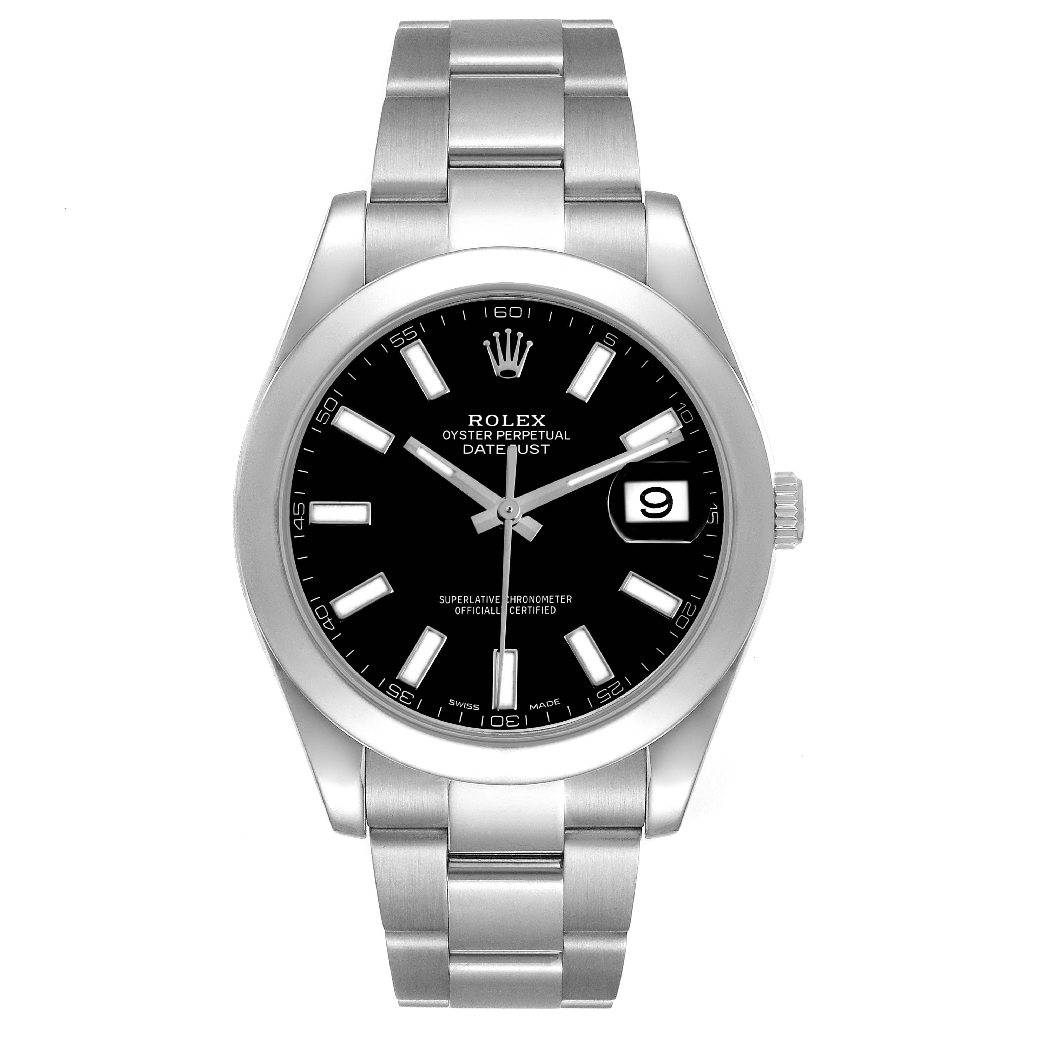 The Rolex Datejust 41 116300 Men's Stainless Steel Black Dial is shown from the front, displaying the dial, bezel, and bracelet.