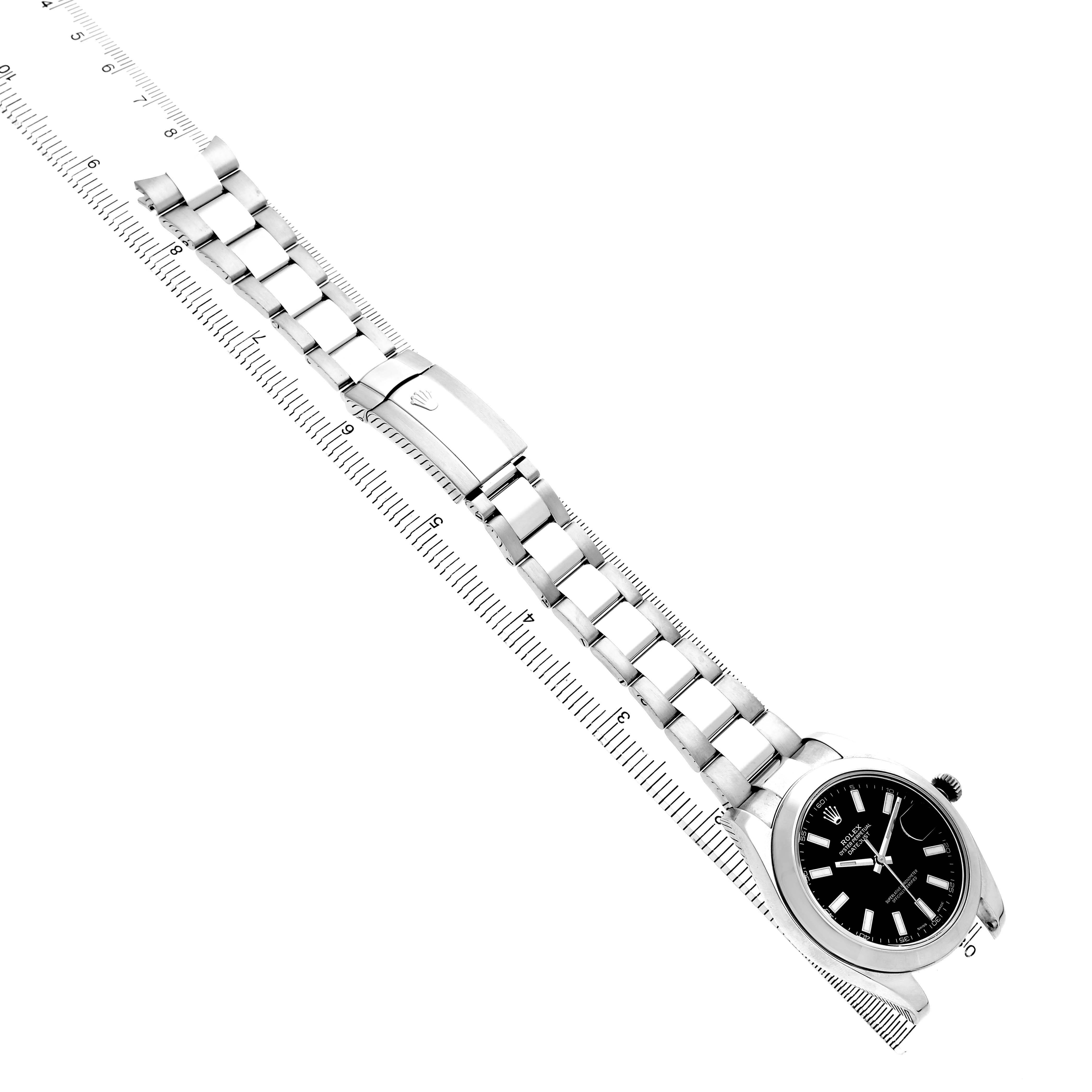The Rolex Datejust 41 116300 Men's Stainless Steel Black Dial is shown at an angled top view, displaying the face, bracelet, and clasp.