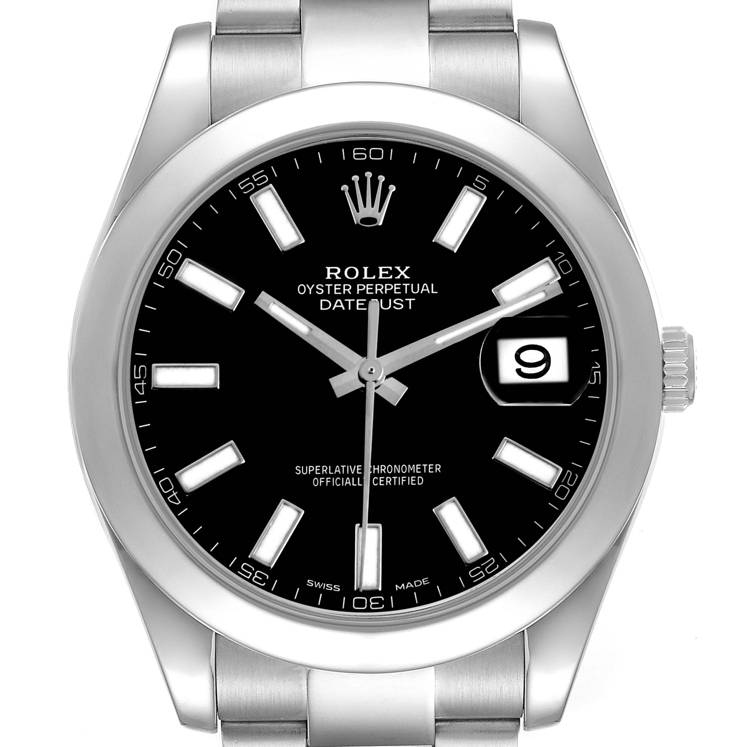 The Rolex Datejust 41 116300 Men's Stainless Steel Black Dial is shown from a front angle, featuring its black dial and date display at 3 o'clock.