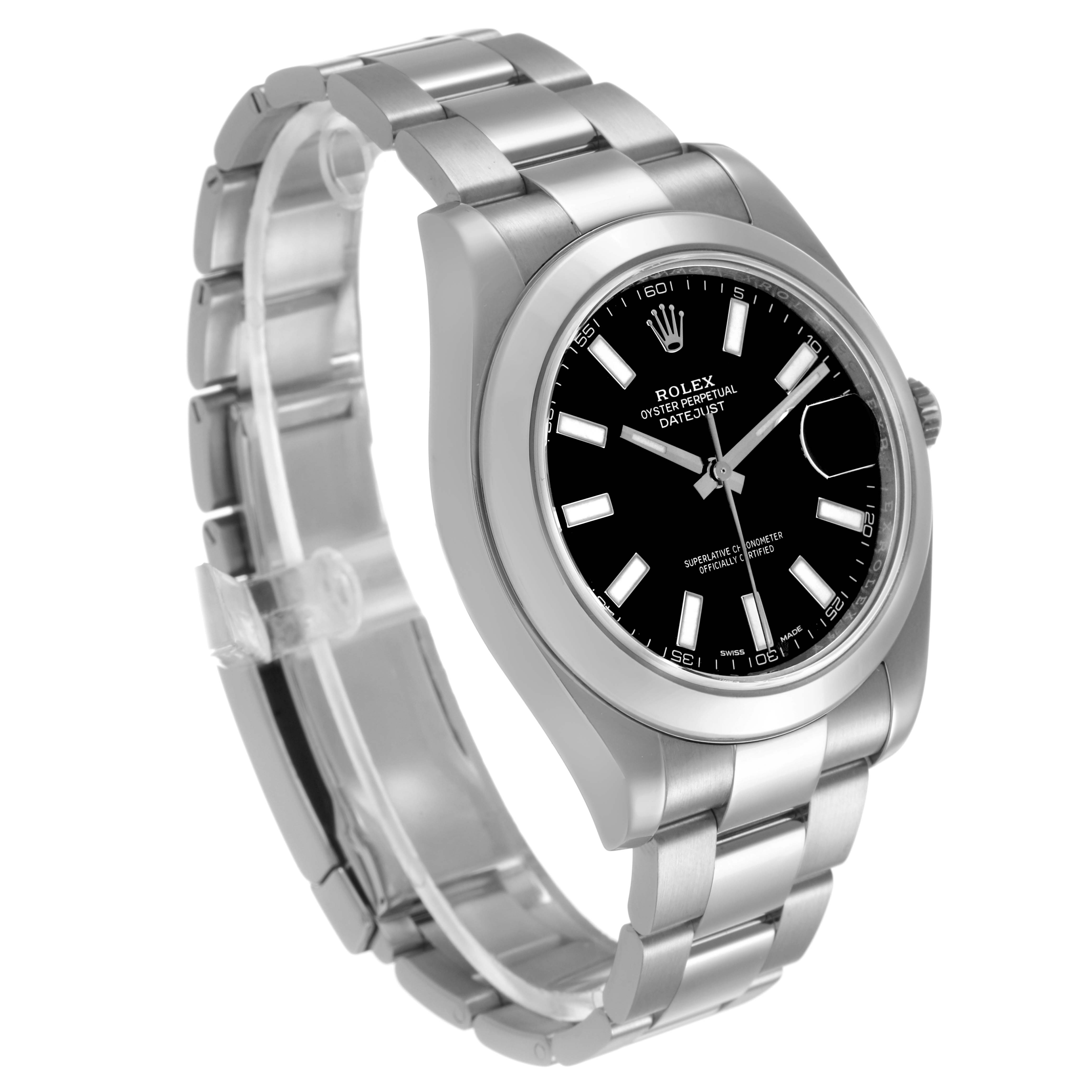The Rolex Datejust 41 116300 Men's Stainless Steel Black Dial watch is shown at a three-quarter angle, displaying the dial, oyster bracelet, and bezel.
