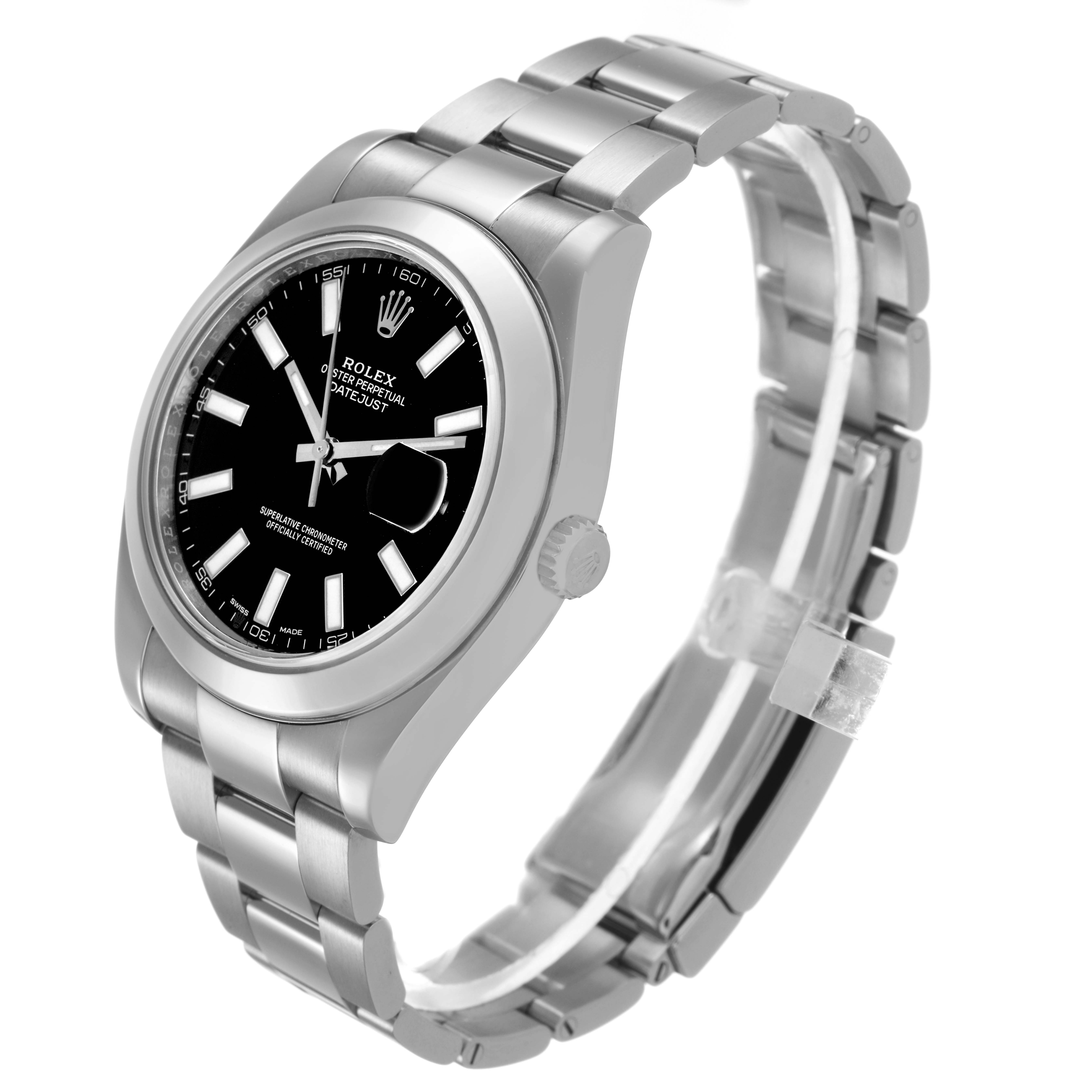 The Rolex Datejust 41 116300 Men's Stainless Steel Black Dial is shown at a three-quarter angle, displaying the face, bezel, crown, and bracelet.