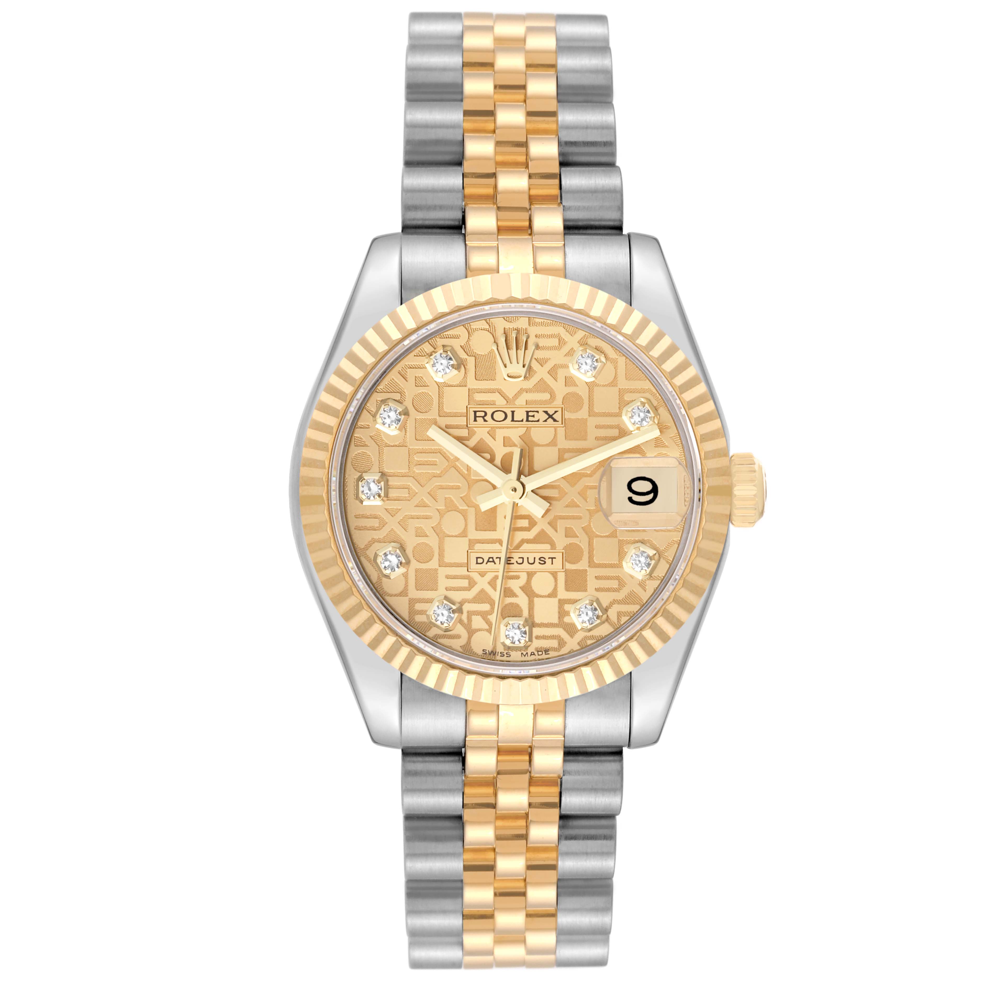 This image shows a front view of a Rolex Mid-Size 178273 Women's Steel and Gold (two tone) Champagne Dial 178273 Women's Steel and Gold (two tone) Champagne Dial Datejust watch, highlighting its gold and silver bezel and bracelet.