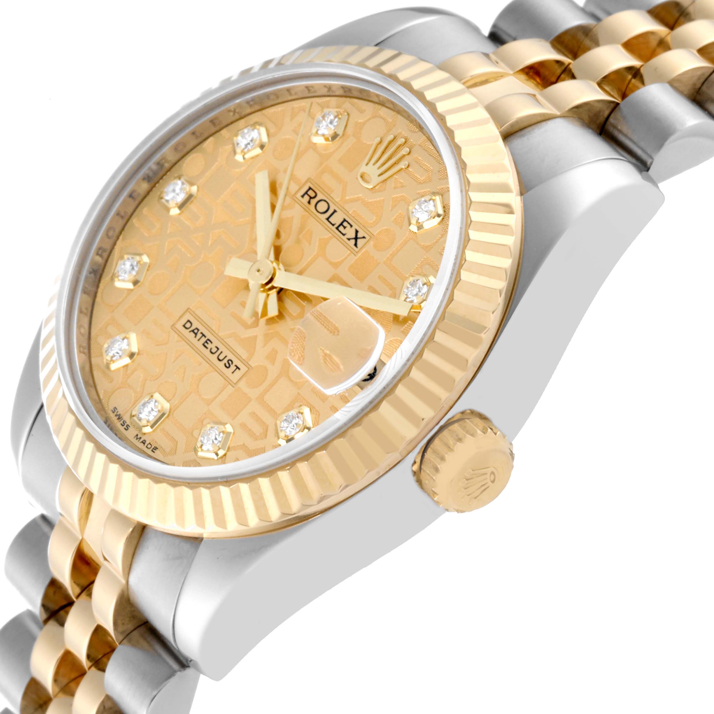 This image shows a Rolex Mid-Size 178273 Women's Steel and Gold (two tone) Champagne Dial 178273 Women's Steel and Gold (two tone) Champagne Dial Datejust watch from a side angle, highlighting its crown, bezel, dial, and bracelet.
