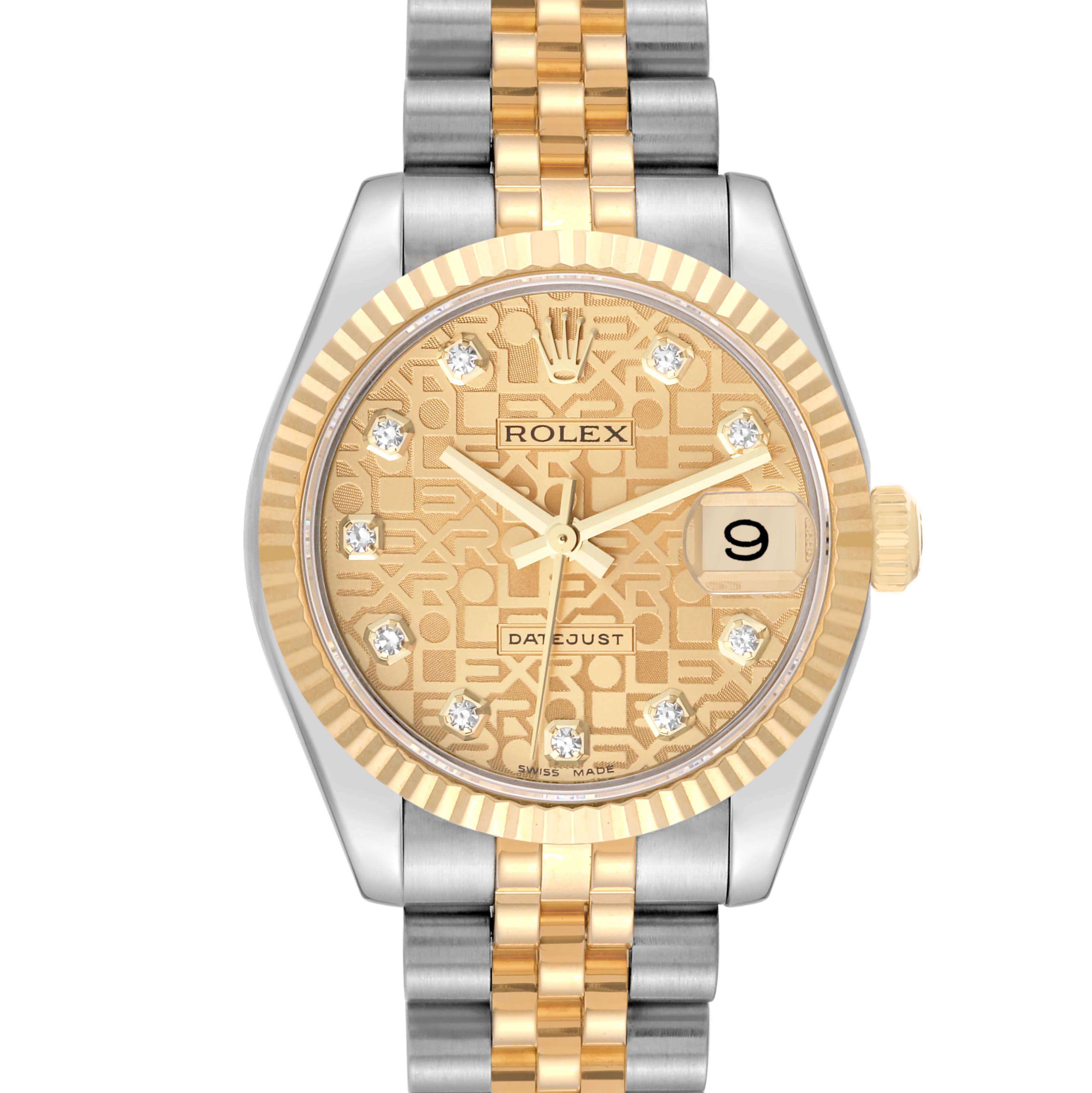 This image shows a front view of a Rolex Mid-Size 178273 Women's Steel and Gold (two tone) Champagne Dial 178273 Women's Steel and Gold (two tone) Champagne Dial Datejust watch, highlighting its gold dial, diamond markers, and two-tone bracelet.