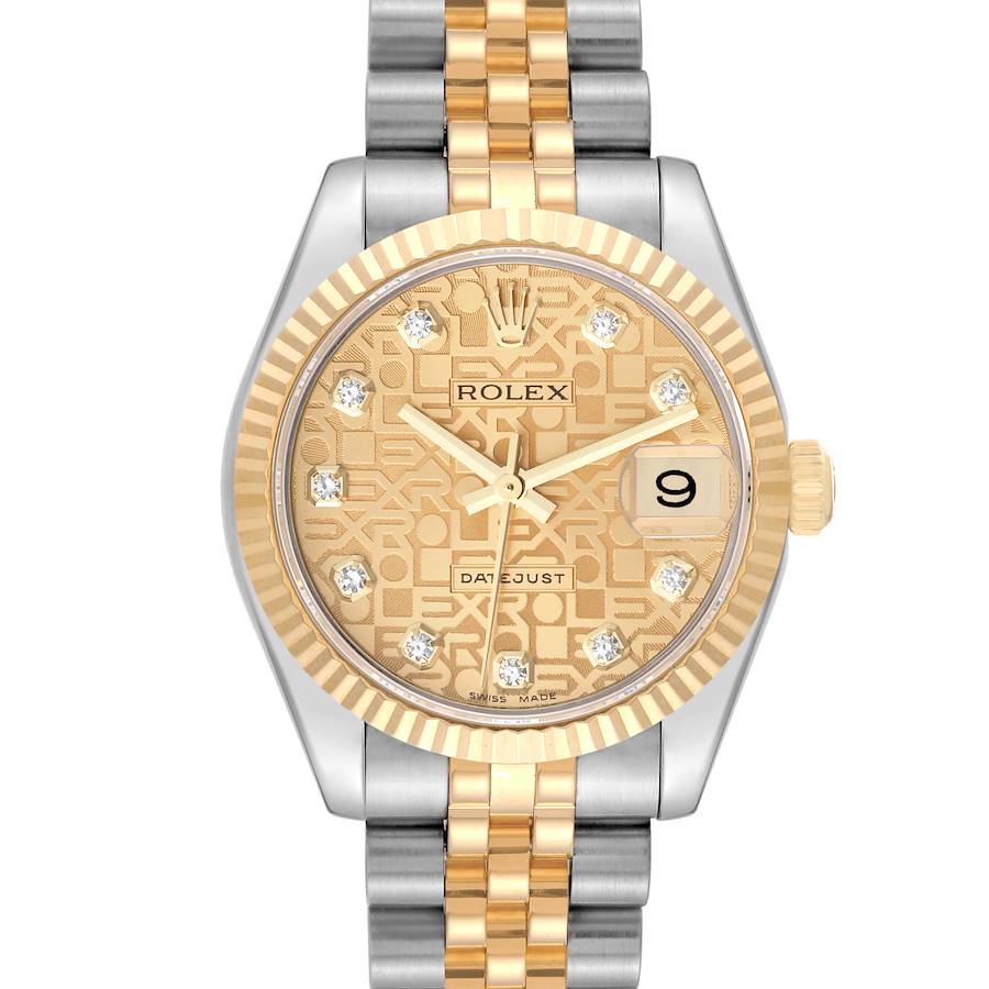 This image shows a front view of a Rolex Mid-Size Datejust watch, highlighting its gold dial, diamond markers, and two-tone bracelet.