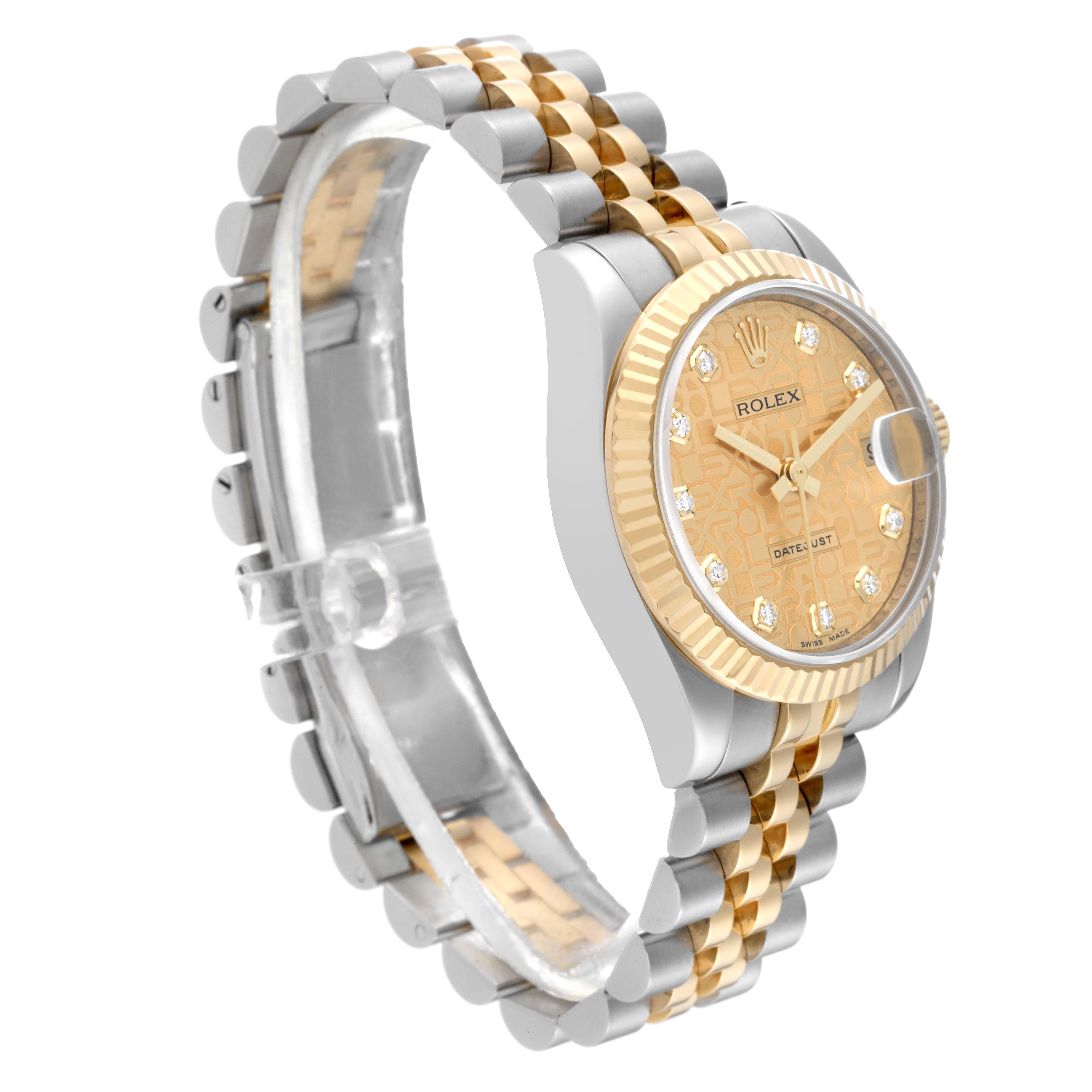 The image shows a Rolex Mid-Size 178273 Women's Steel and Gold (two tone) Champagne Dial 178273 Women's Steel and Gold (two tone) Champagne Dial watch at a three-quarter angle, highlighting its two-tone bracelet and gold dial with diamond markers.
