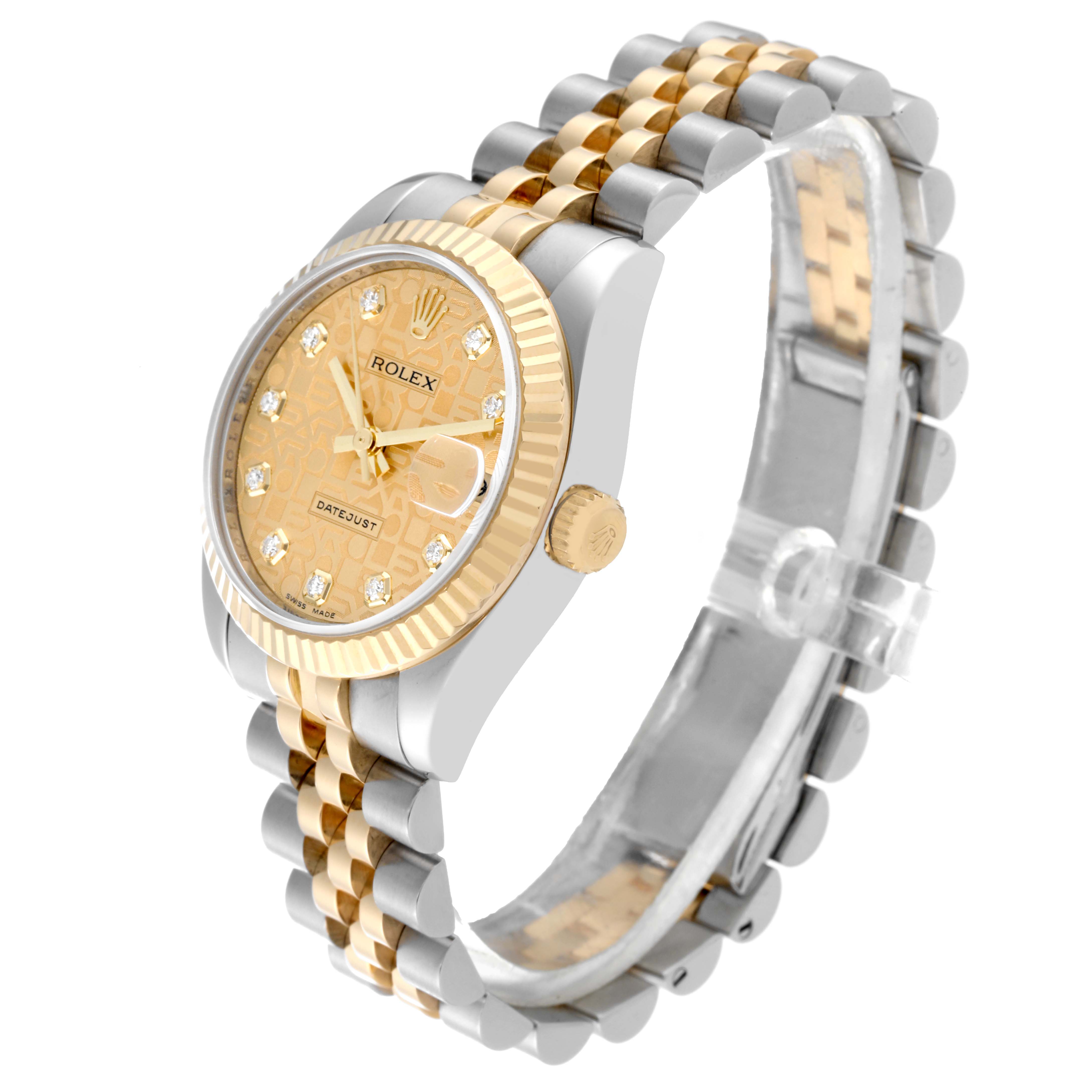 This image shows a Rolex Mid-Size 178273 Women's Steel and Gold (two tone) Champagne Dial 178273 Women's Steel and Gold (two tone) Champagne Dial Datejust watch angled to display the gold dial, bezel, crown, and two-tone bracelet.