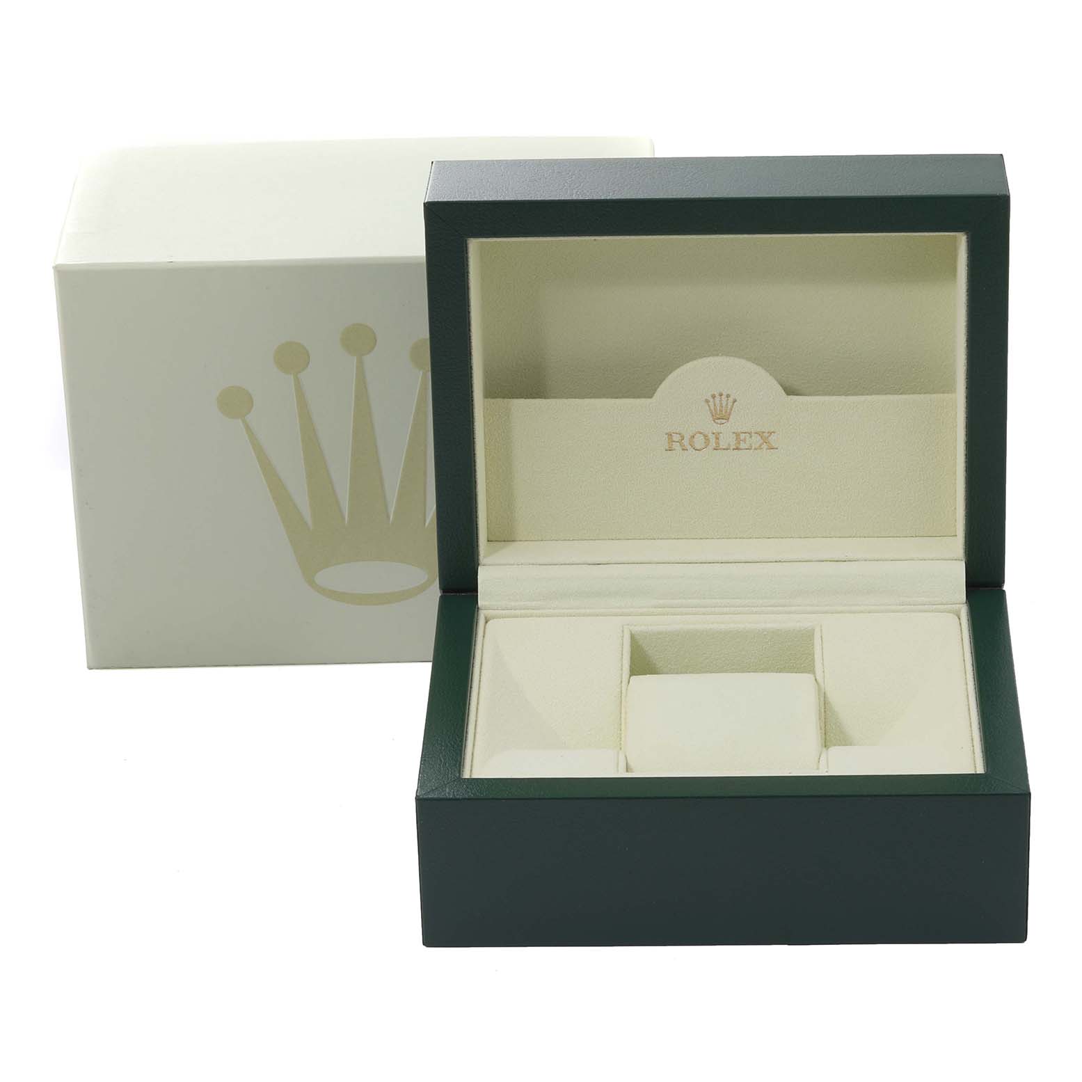 The image shows an empty Rolex Mid-Size 178273 Women's Steel and Gold (two tone) Champagne Dial 178273 Women's Steel and Gold (two tone) Champagne Dial watch box and its outer packaging from a front angle.