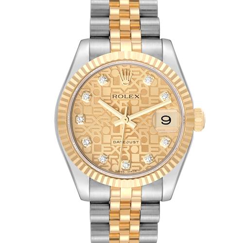 This image shows a front view of a Rolex Mid-Size watch, highlighting its face, bezel, and two-tone bracelet.