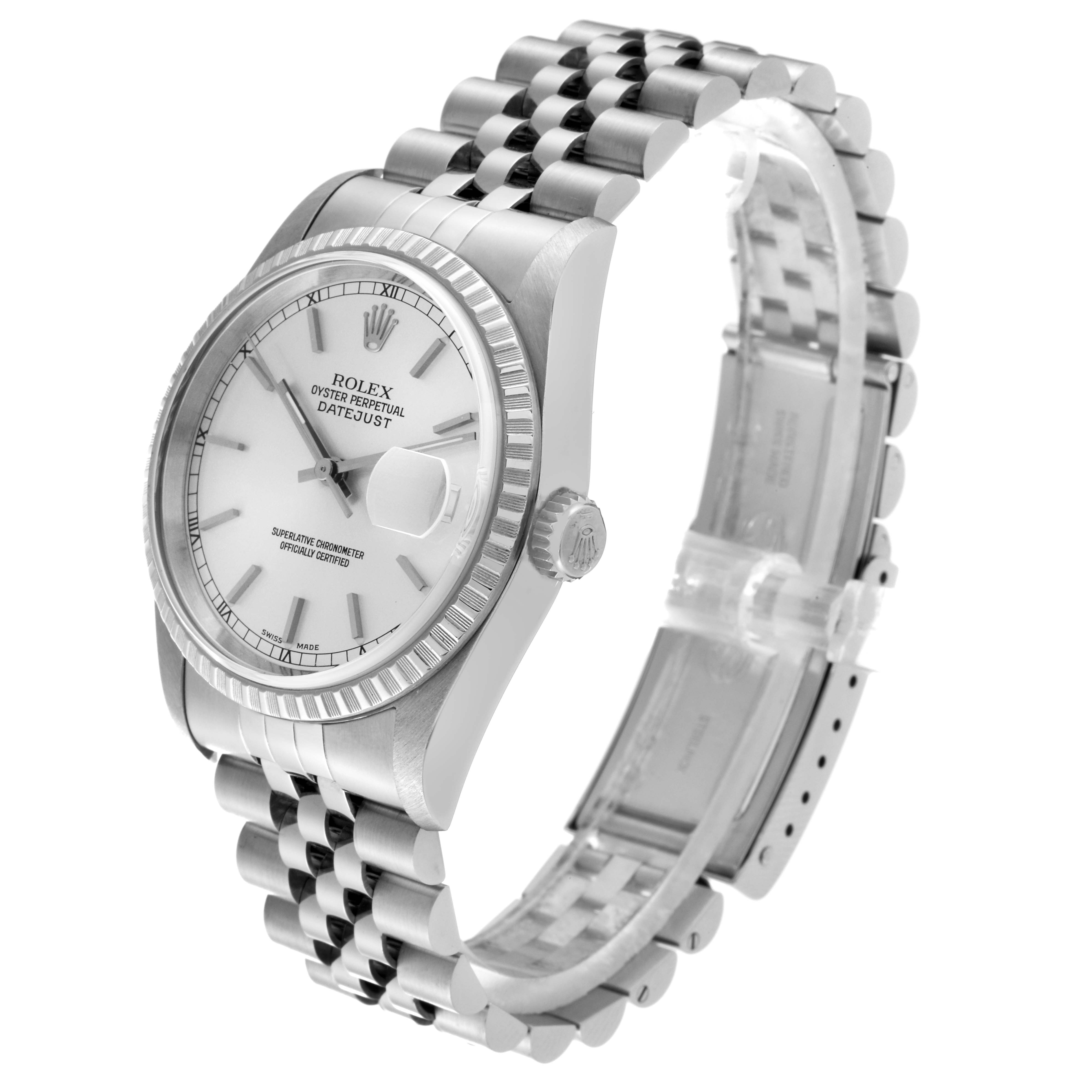 The image shows a side view of a Rolex Datejust 16220 Men's Stainless Steel Silver Dial 16220 Men's Stainless Steel Silver Dial watch, highlighting the dial, date window, crown, and bracelet.