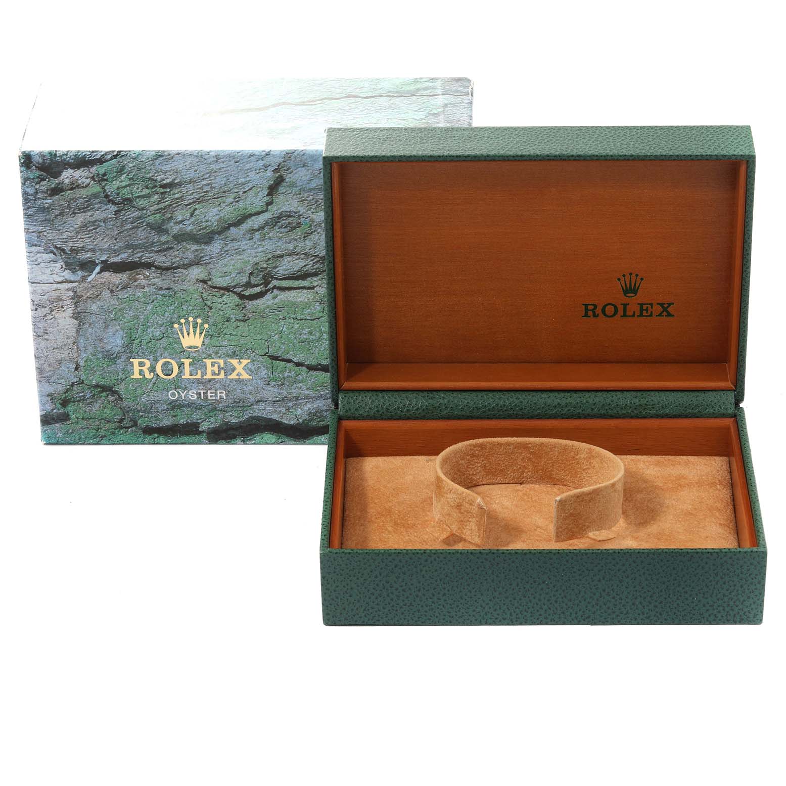 The image shows an open green Rolex Datejust 16220 Men's Stainless Steel Silver Dial 16220 Men's Stainless Steel Silver Dial watch box with an inner suede cushion, alongside its outer case.