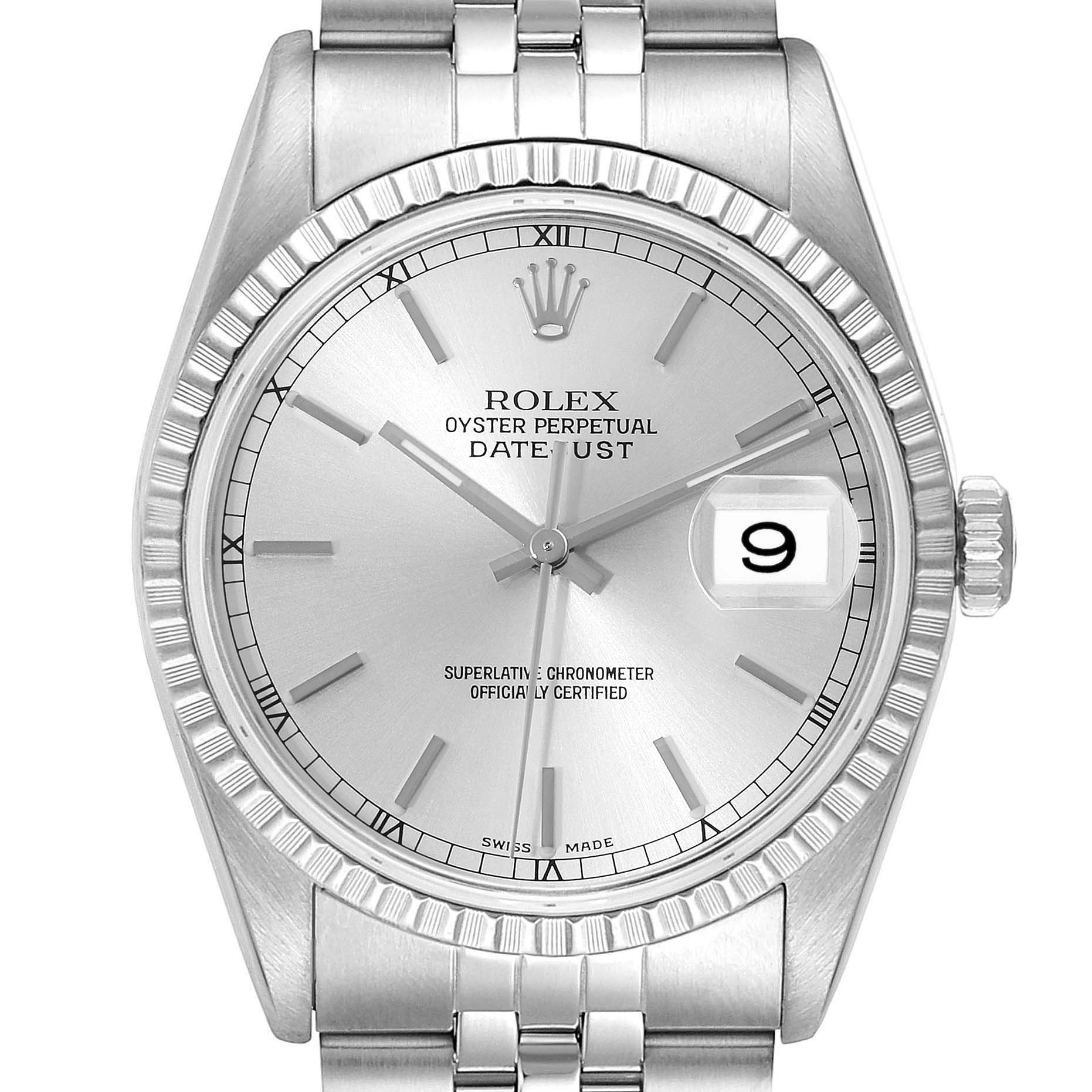 The image shows a front view of the Rolex Datejust 16220 Men's Stainless Steel Silver Dial 16220 Men's Stainless Steel Silver Dial watch, highlighting its face, bezel, and part of the bracelet.