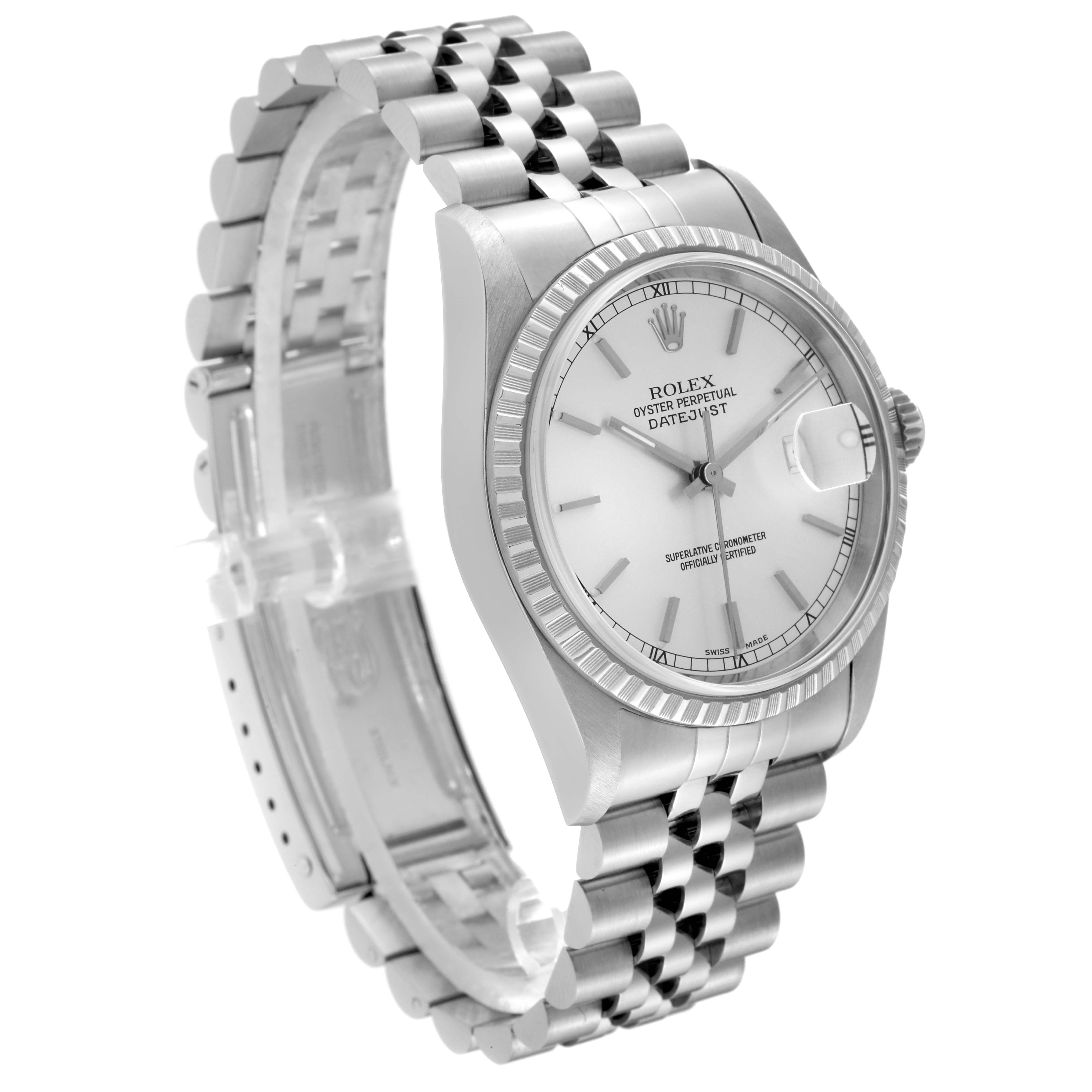 This Rolex Datejust 16220 Men's Stainless Steel Silver Dial 16220 Men's Stainless Steel Silver Dial watch is shown from a 3 o'clock angle, displaying the face, crown, and jubilee bracelet.