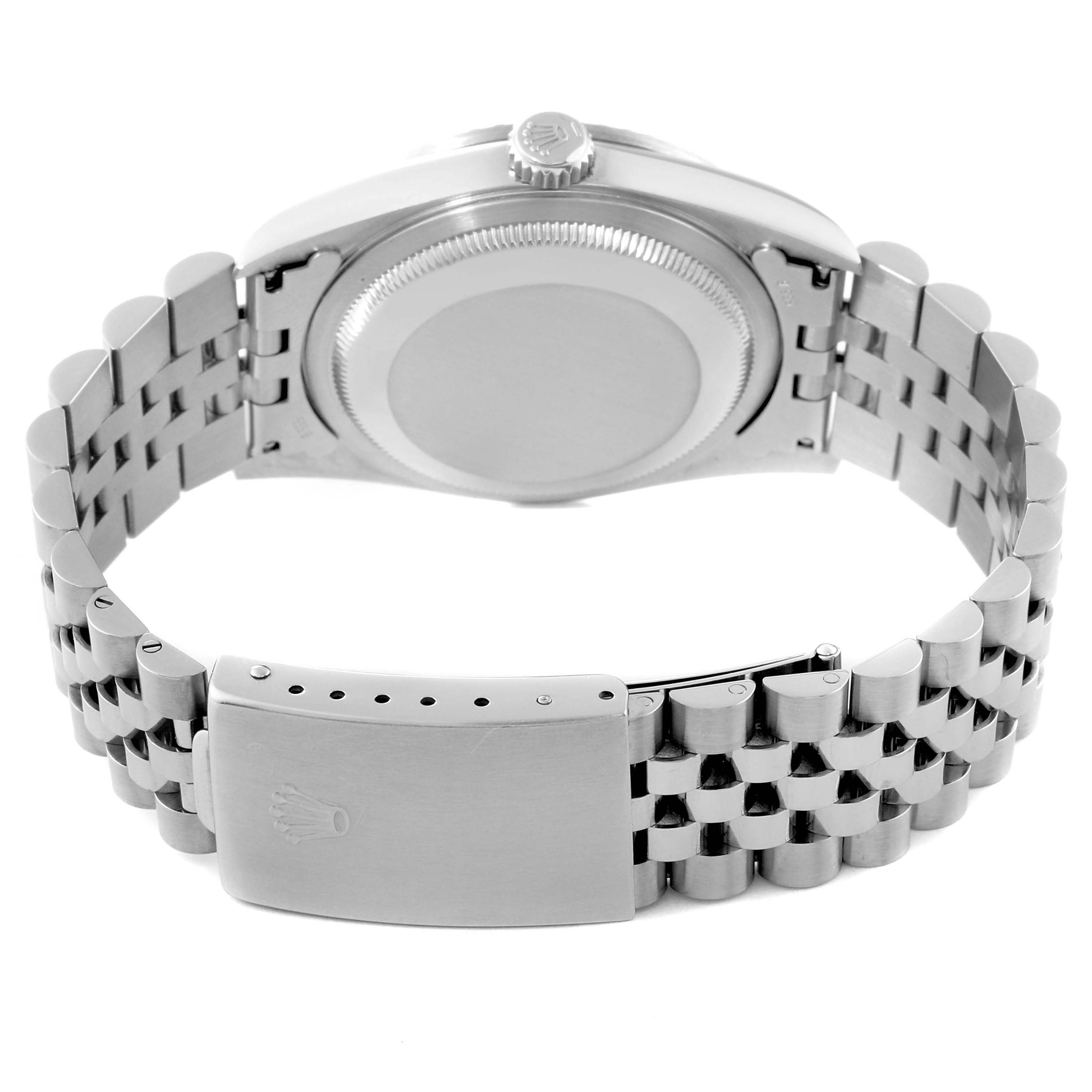 This image shows the case back and bracelet clasp of a Rolex Datejust 16220 Men's Stainless Steel Silver Dial 16220 Men's Stainless Steel Silver Dial watch from a rear angle.