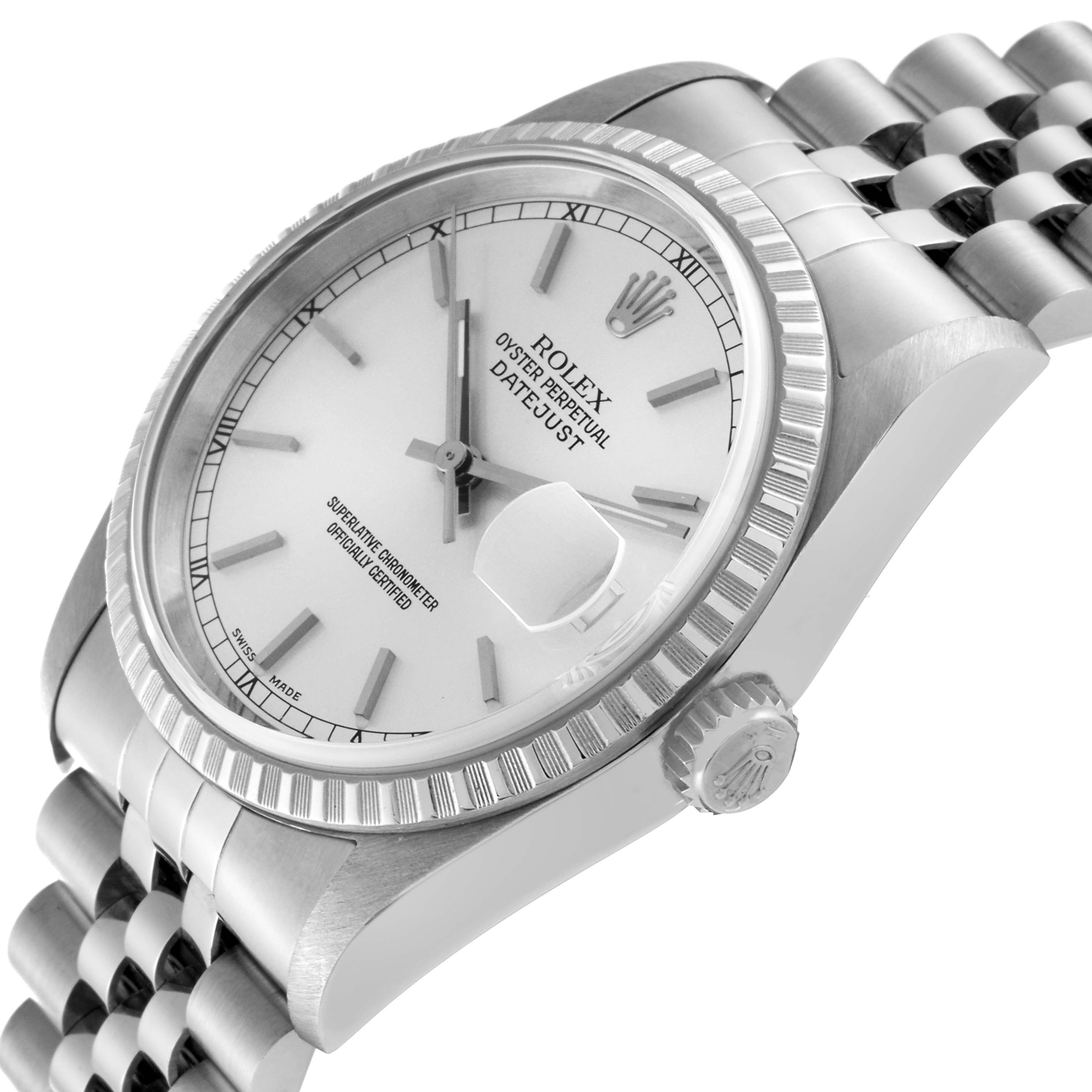 The image shows a Rolex Datejust 16220 Men's Stainless Steel Silver Dial 16220 Men's Stainless Steel Silver Dial watch at an oblique angle, highlighting the dial, hands, bezel, and part of the bracelet.