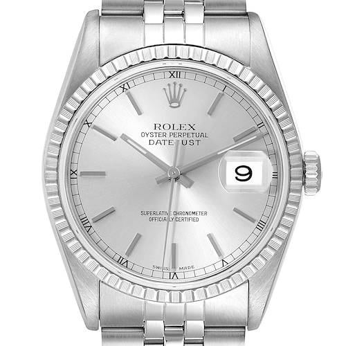 The Rolex Datejust watch is shown from a front-facing angle, displaying the dial, hands, crown, and part of the bracelet.