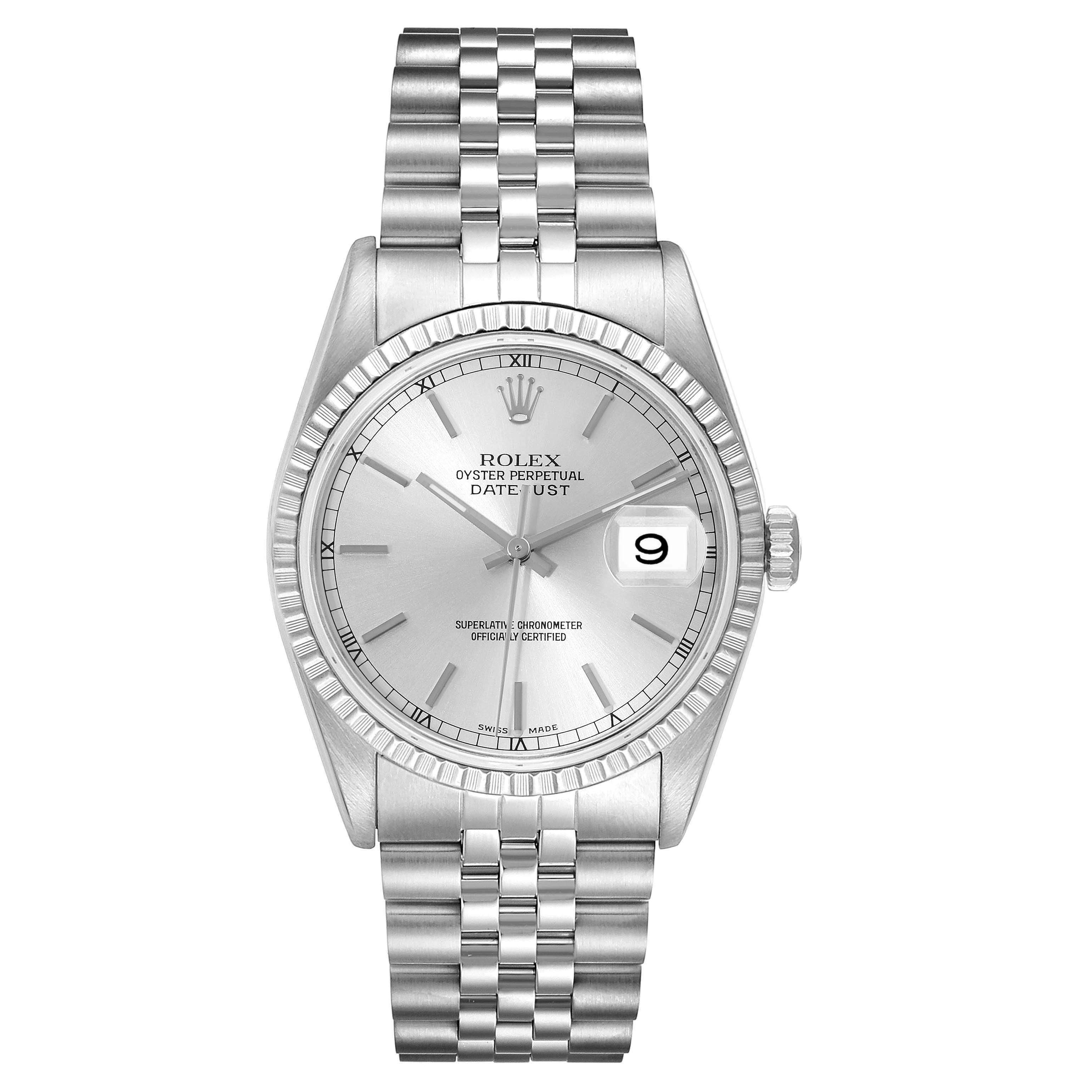 The image shows the front view of a Rolex Datejust 16220 Men's Stainless Steel Silver Dial 16220 Men's Stainless Steel Silver Dial watch, highlighting the dial, date display, bezel, and bracelet.