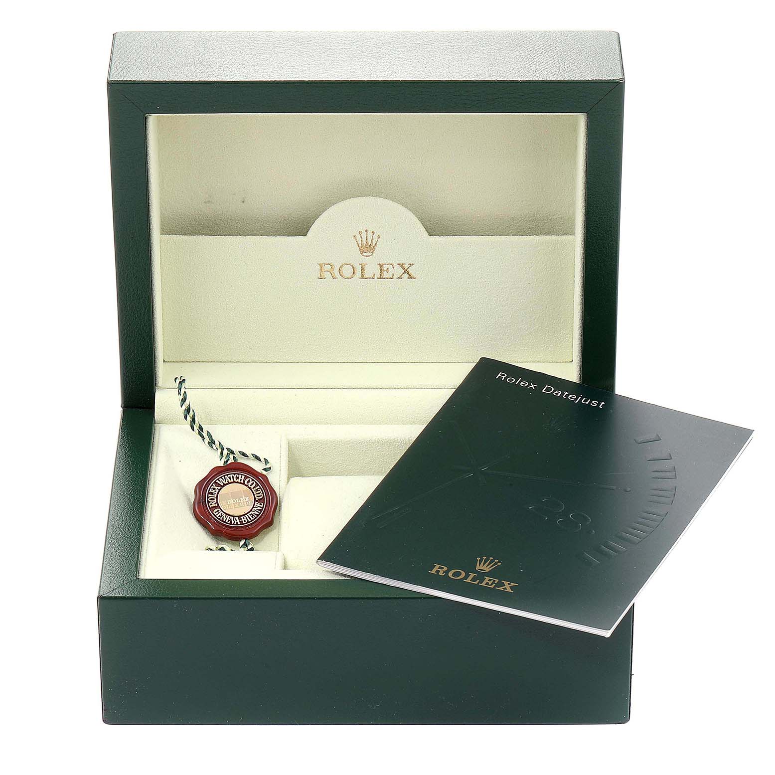 The box for the Rolex Datejust 179171 Women's Steel and Gold (two tone) Black Dial 179171 Women's Steel and Gold (two tone) Black Dial watch is shown, featuring the logo, hangtag, and manual.