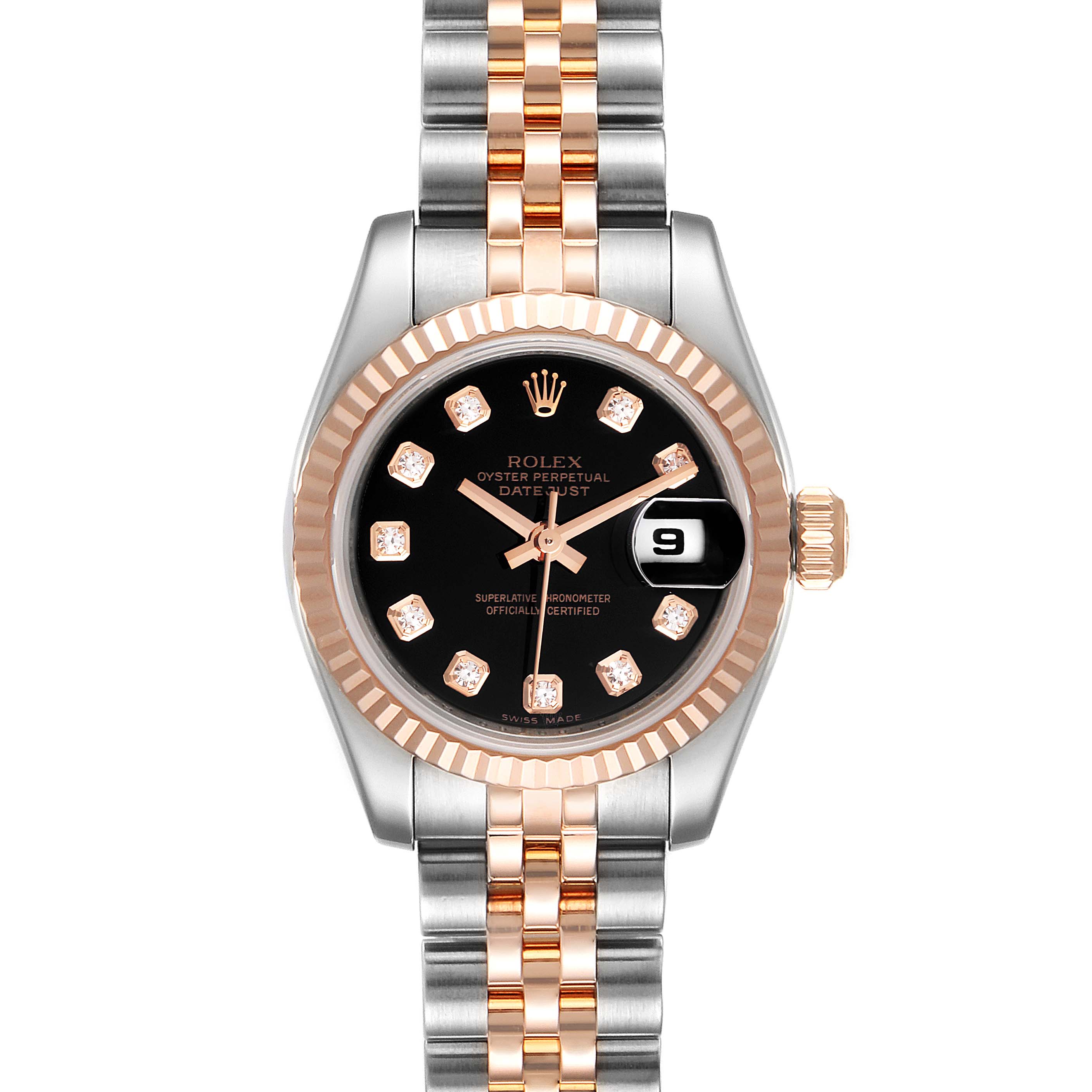 The image shows a Rolex Datejust 179171 Women's Steel and Gold (two tone) Black Dial 179171 Women's Steel and Gold (two tone) Black Dial watch from a front angle, displaying the face, bezel, hands, and part of the band.