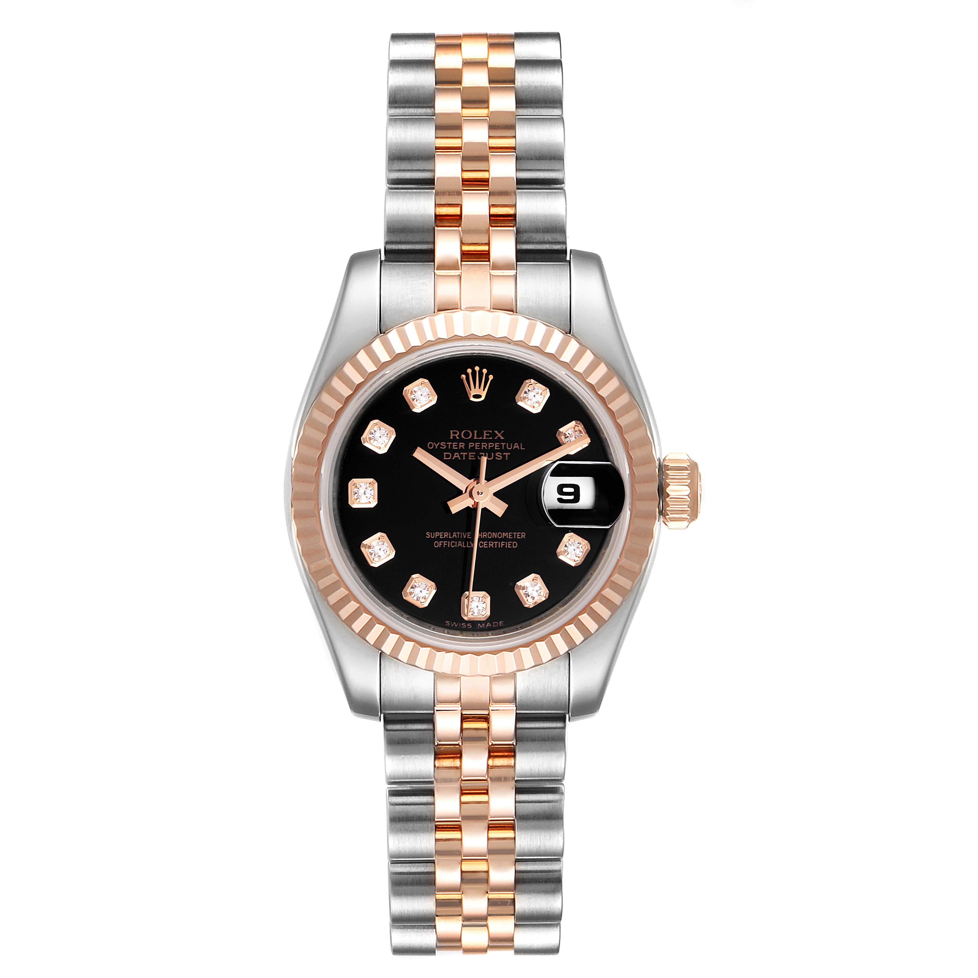 The image shows a frontal view of the Rolex Datejust 179171 Women's Steel and Gold (two tone) Black Dial 179171 Women's Steel and Gold (two tone) Black Dial watch, highlighting its dial, bezel, and two-tone bracelet.