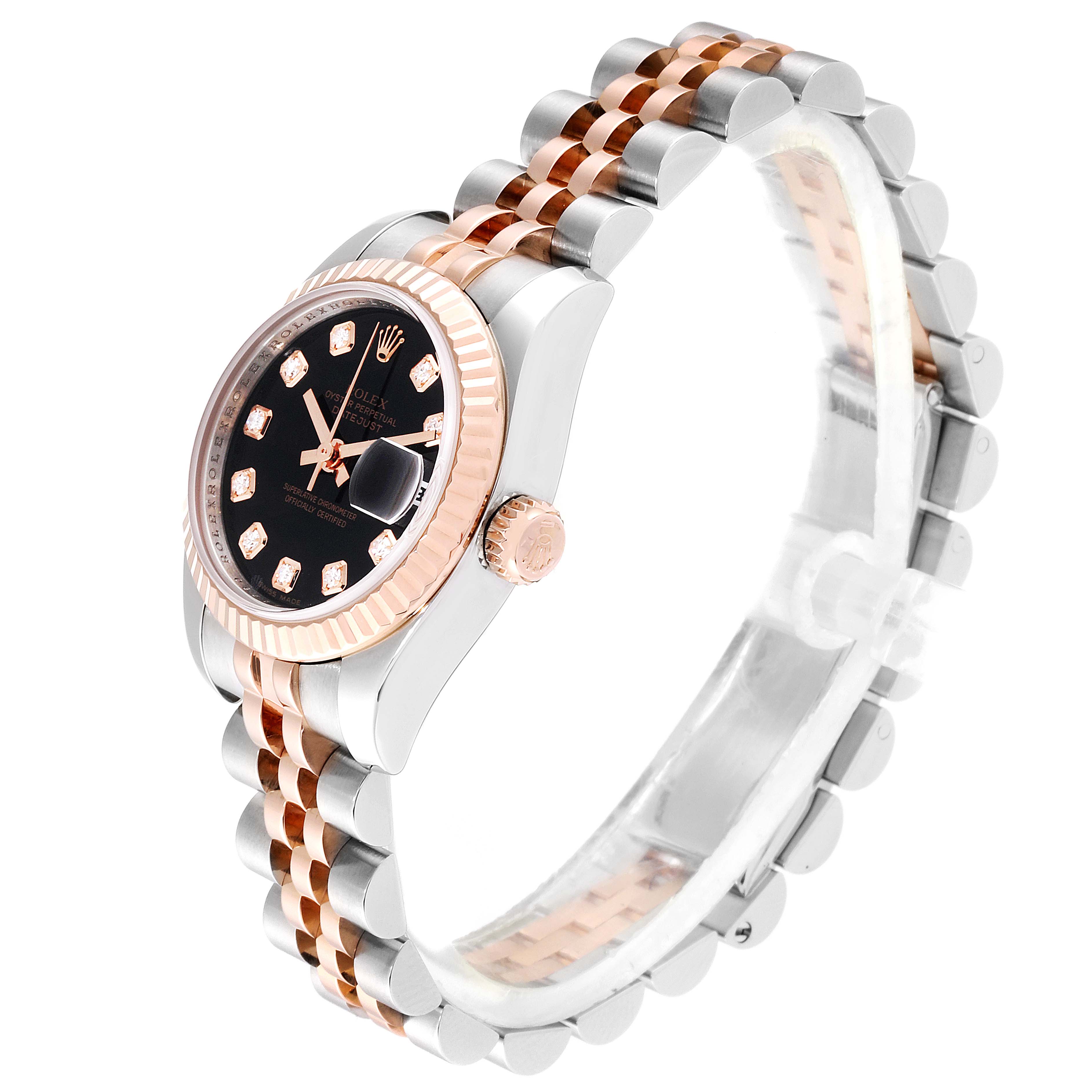 The Rolex Datejust 179171 Women's Steel and Gold (two tone) Black Dial 179171 Women's Steel and Gold (two tone) Black Dial watch is displayed at a slight angle showcasing the dial, crown, case, and the jubilee bracelet.