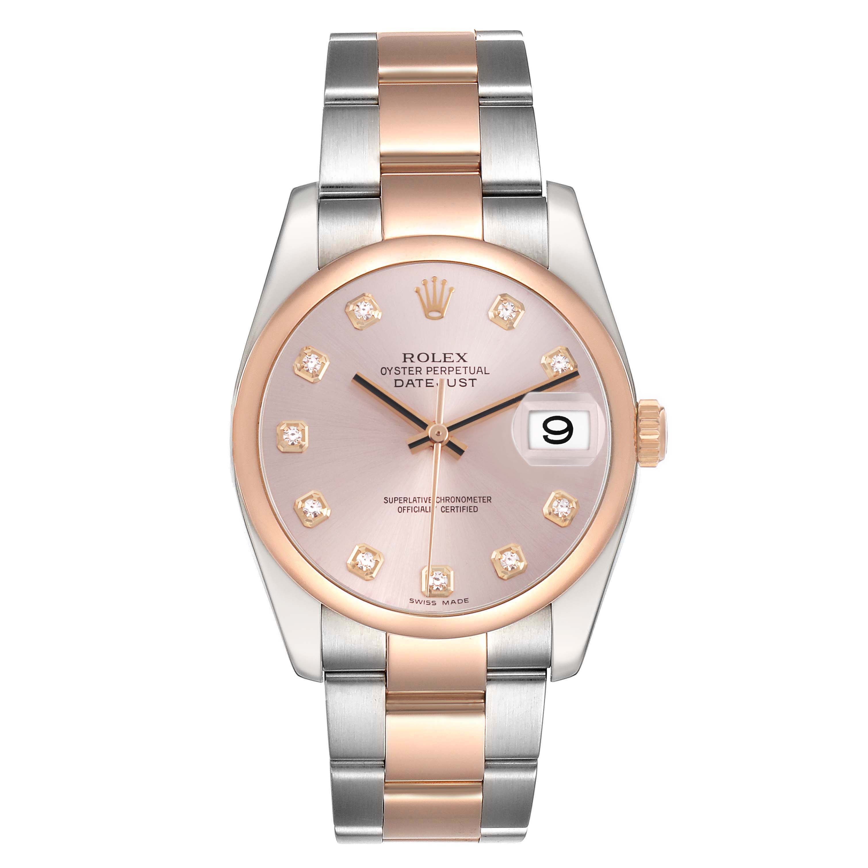 The Rolex Datejust 116201 Women's Stainless Steel Pink Dial watch is shown from a front angle, highlighting the dial, bezel, crown, and bracelet.