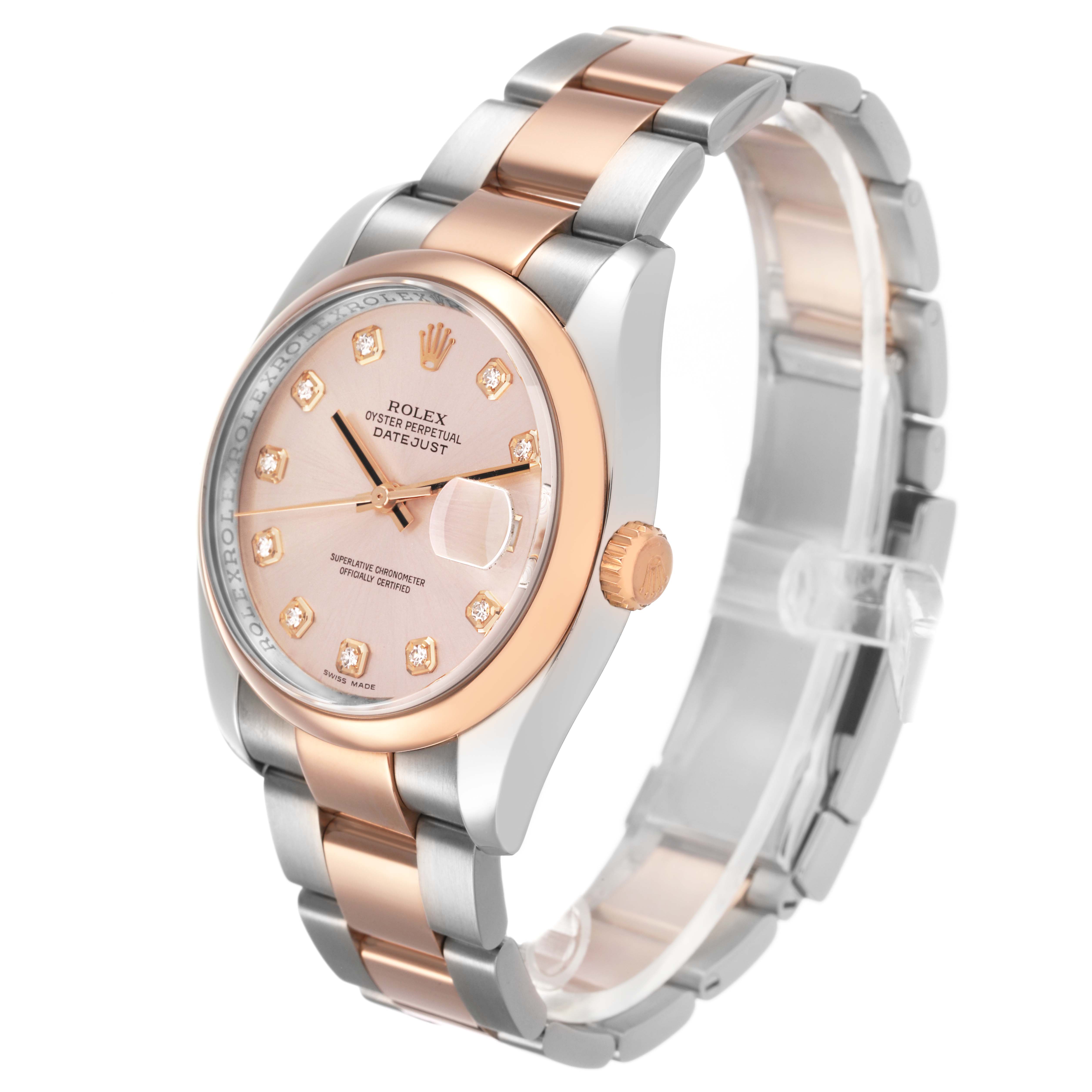 The Rolex Datejust 116201 Women's Stainless Steel Pink Dial watch is shown at a three-quarter angle, highlighting the dial, bracelet, and bezel.