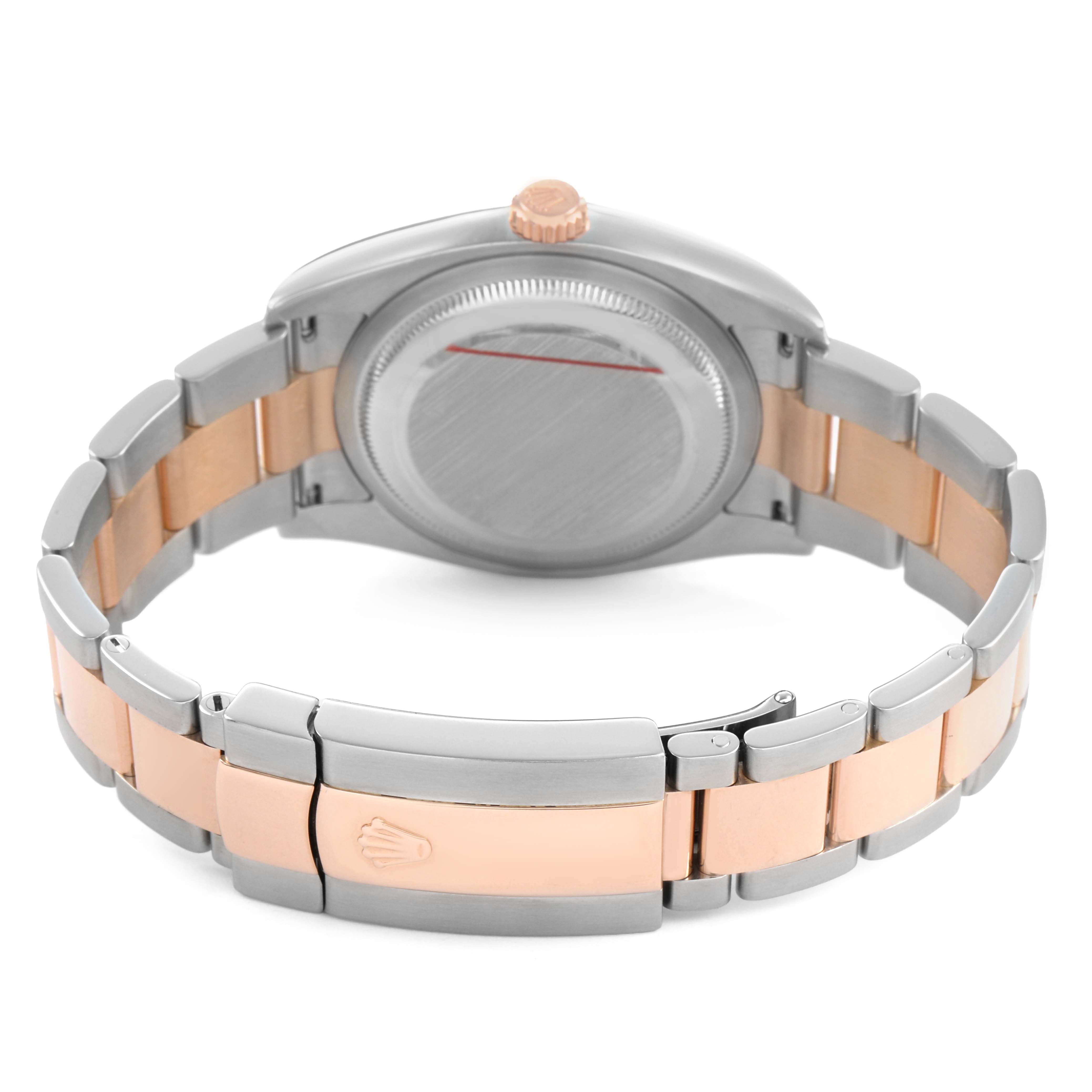 The image shows the back of the Rolex Datejust 116201 Women's Stainless Steel Pink Dial watch, highlighting the clasp, bracelet links, case back, and crown.