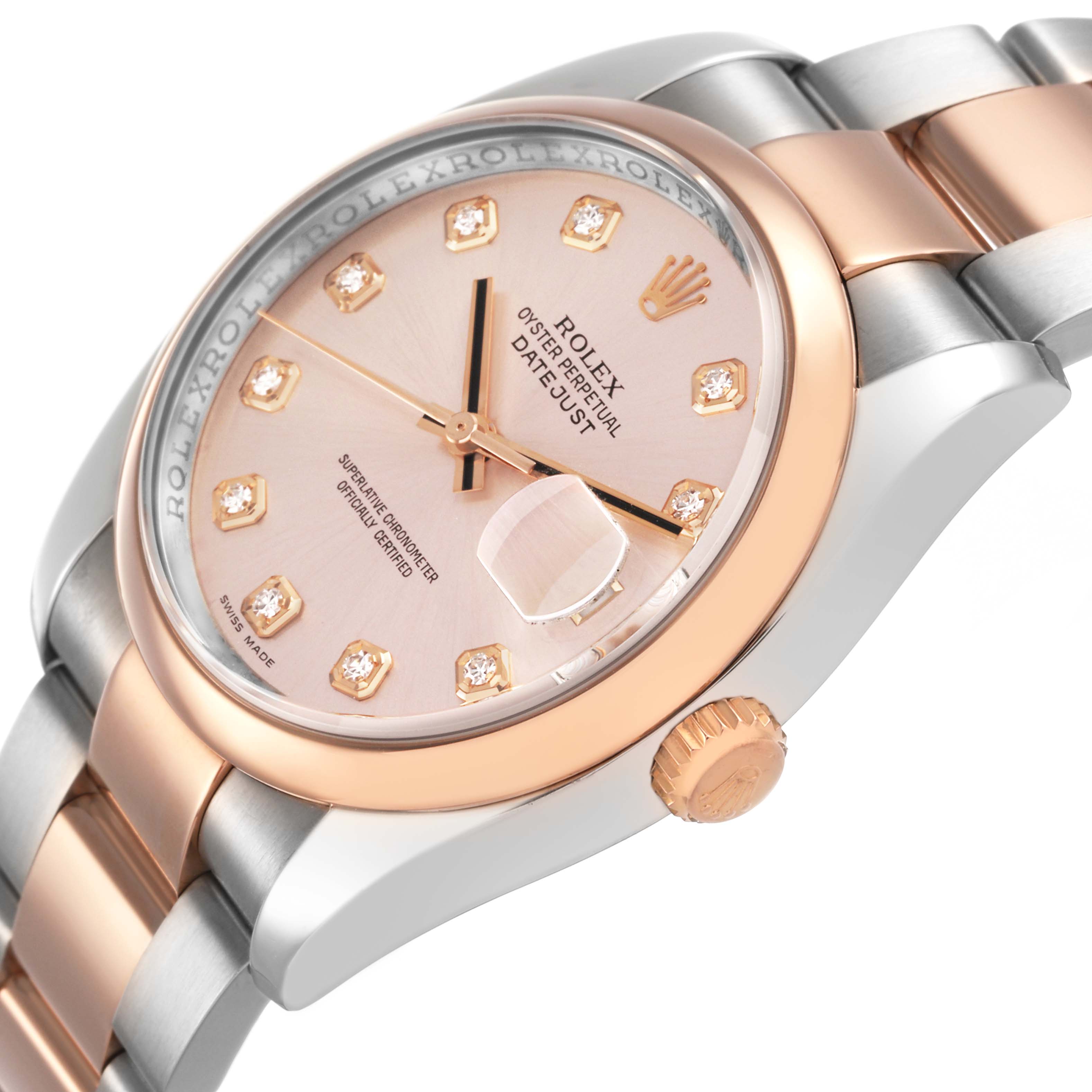 The Rolex Datejust 116201 Women's Stainless Steel Pink Dial watch is shown at an angled side view, highlighting the bezel, crown, and part of the bracelet.