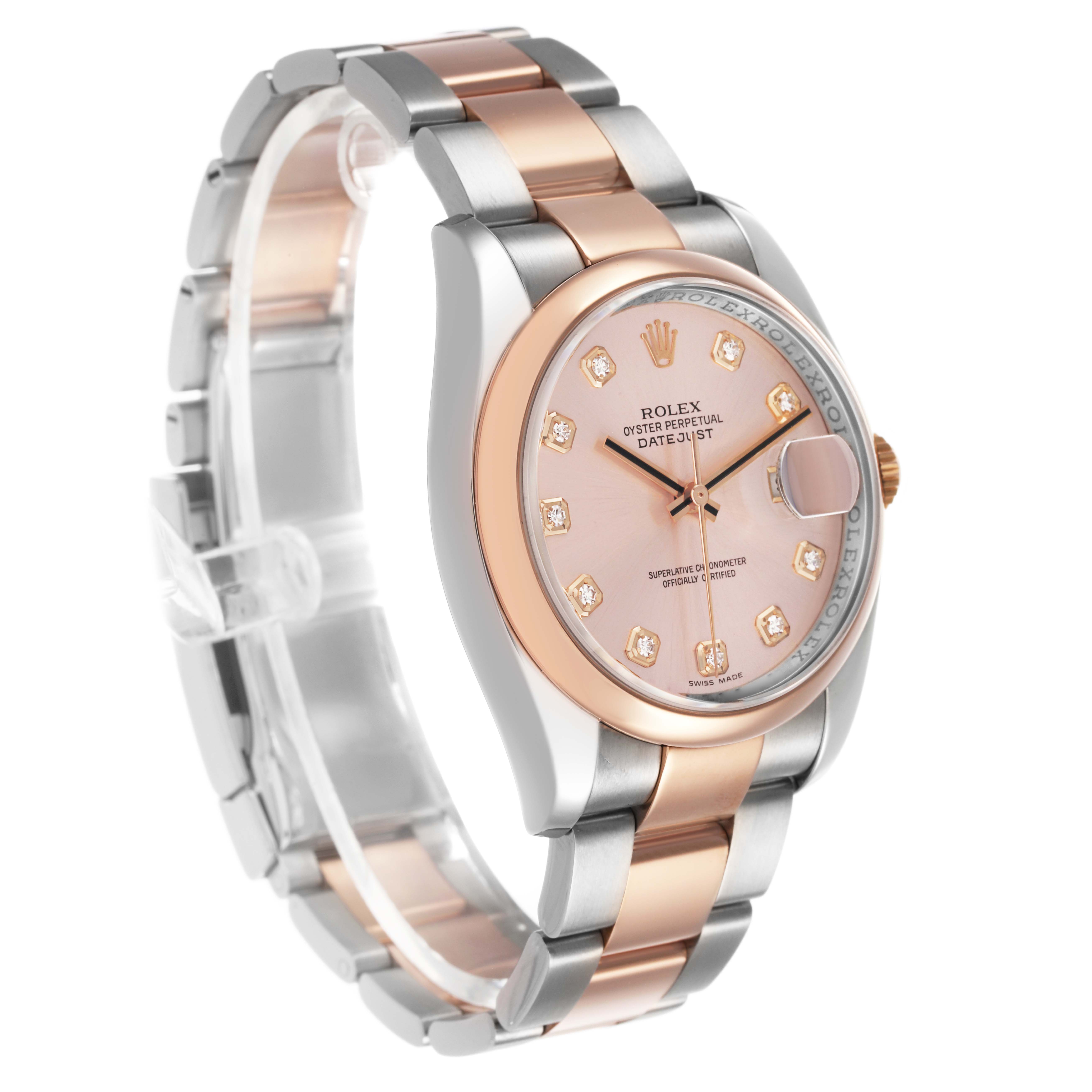 The Rolex Datejust 116201 Women's Stainless Steel Pink Dial watch is shown at a three-quarter angle, highlighting the face, bezel, and two-tone bracelet.