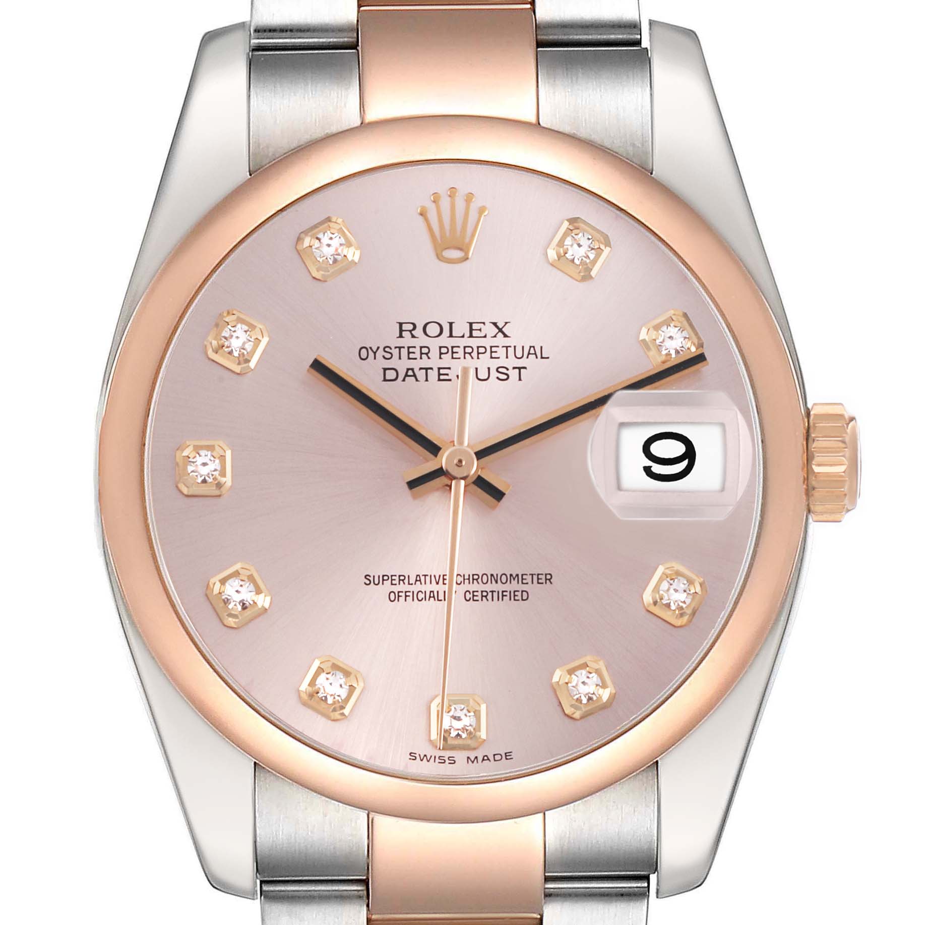 The Rolex Datejust 116201 Women's Stainless Steel Pink Dial watch is shown from the front, highlighting its dial, bezel, and part of the bracelet.