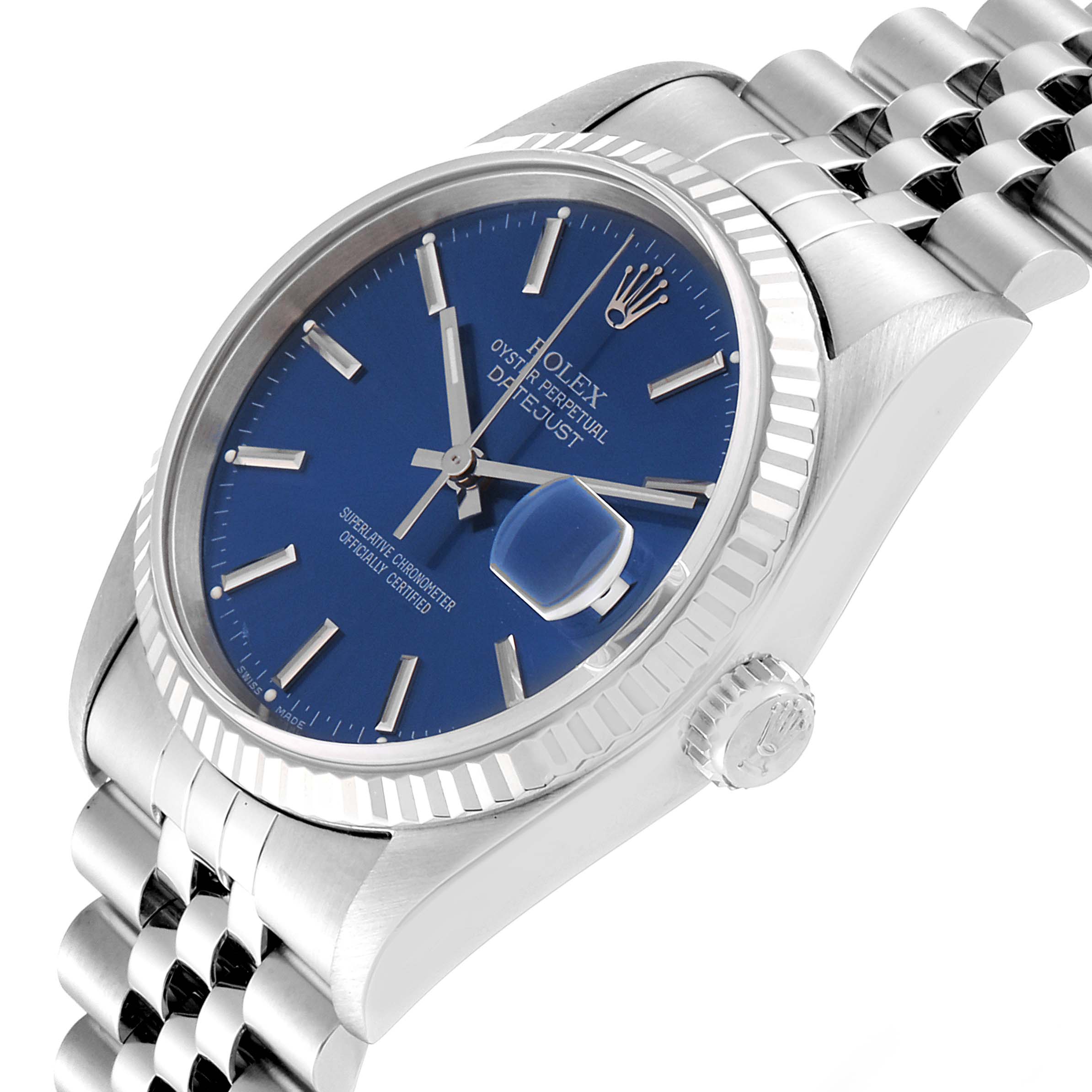 The image shows a Rolex Datejust 16234 Men's Stainless Steel Blue Dial 16234 Men's Stainless Steel Blue Dial watch at a slight angle, highlighting its blue dial, fluted bezel, and jubilee bracelet.