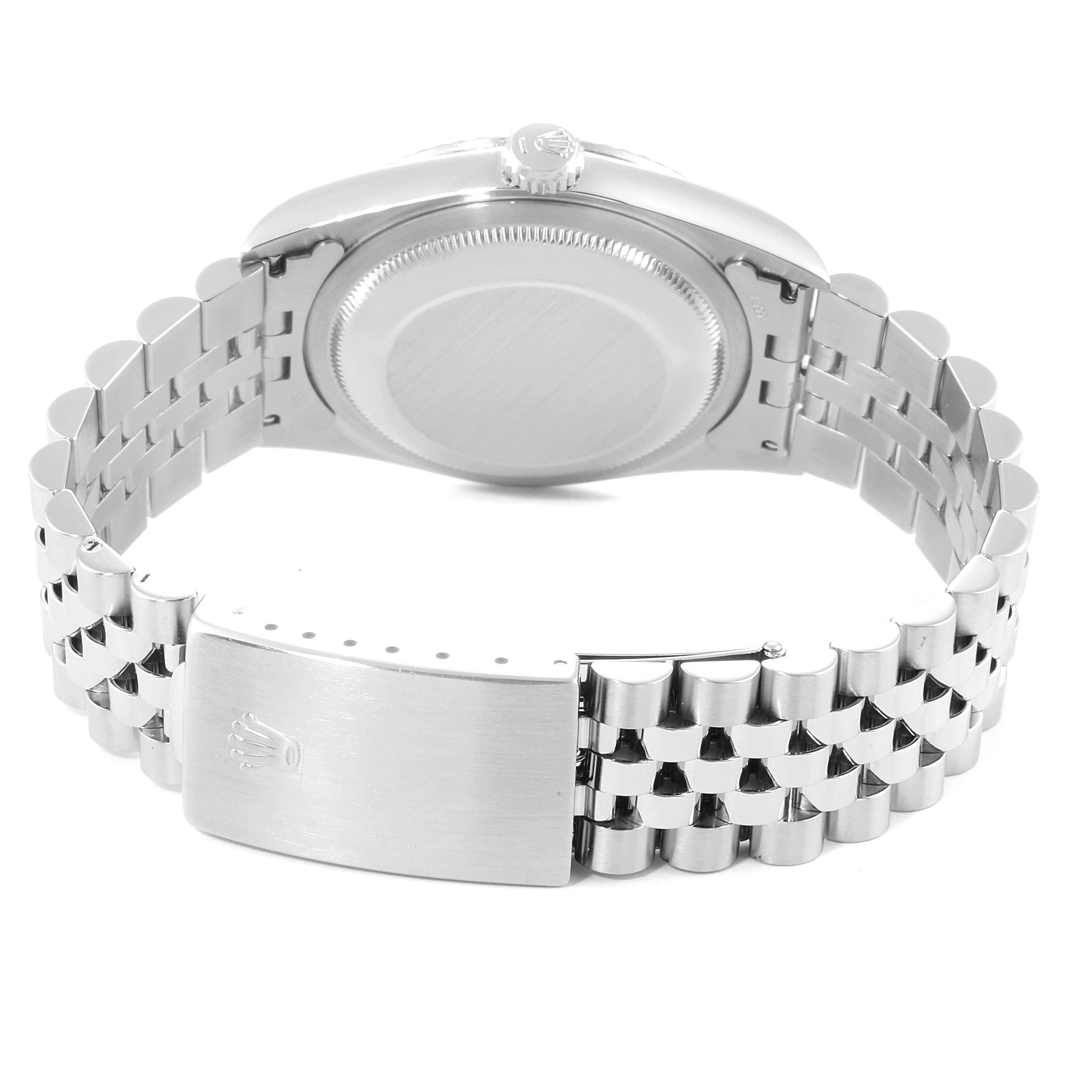 This image shows the back and clasp of a Rolex Datejust 16234 Men's Stainless Steel Blue Dial 16234 Men's Stainless Steel Blue Dial watch at a rear, slightly tilted angle.