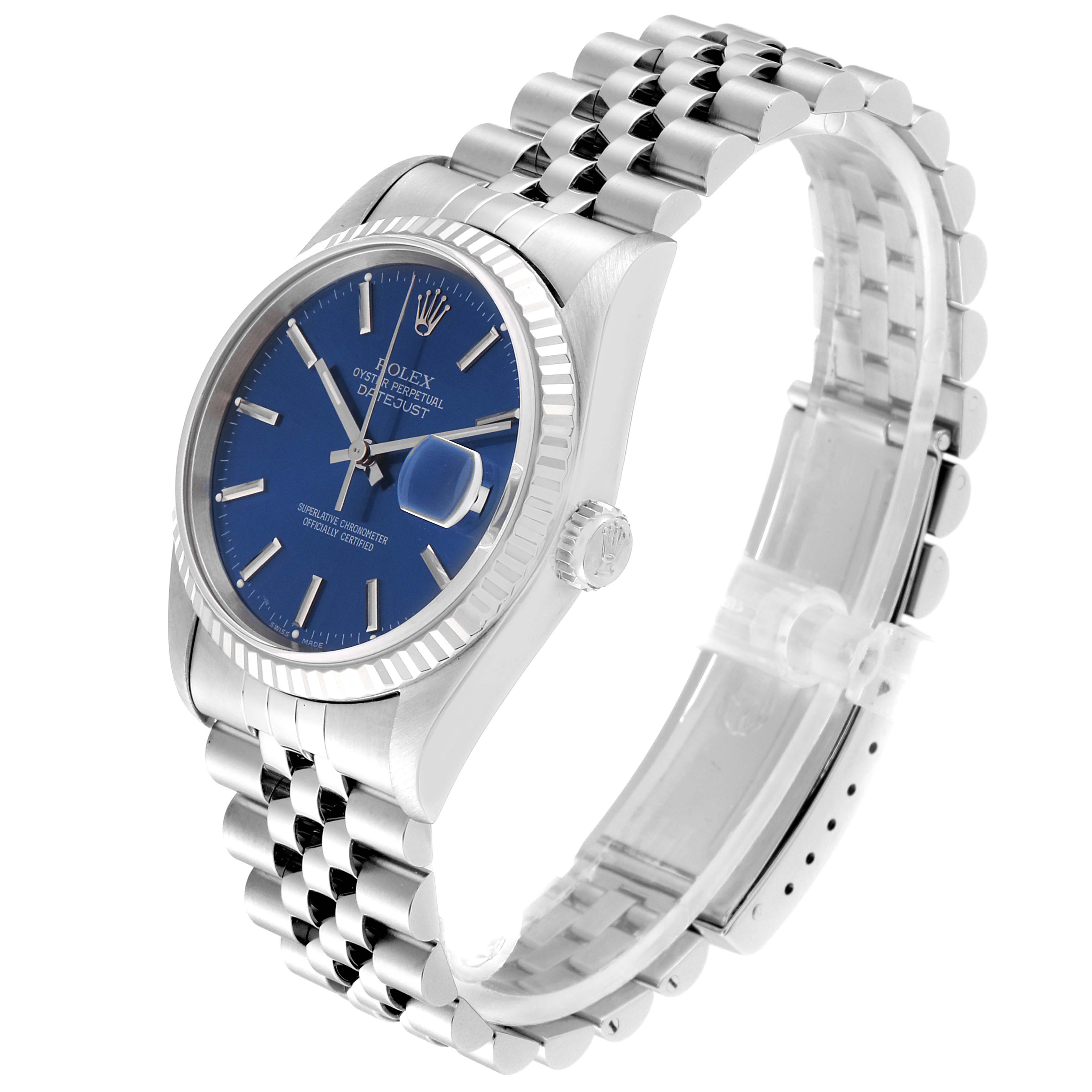 The Rolex Datejust 16234 Men's Stainless Steel Blue Dial 16234 Men's Stainless Steel Blue Dial watch is shown from a side angle, displaying the face, bracelet, and crown.