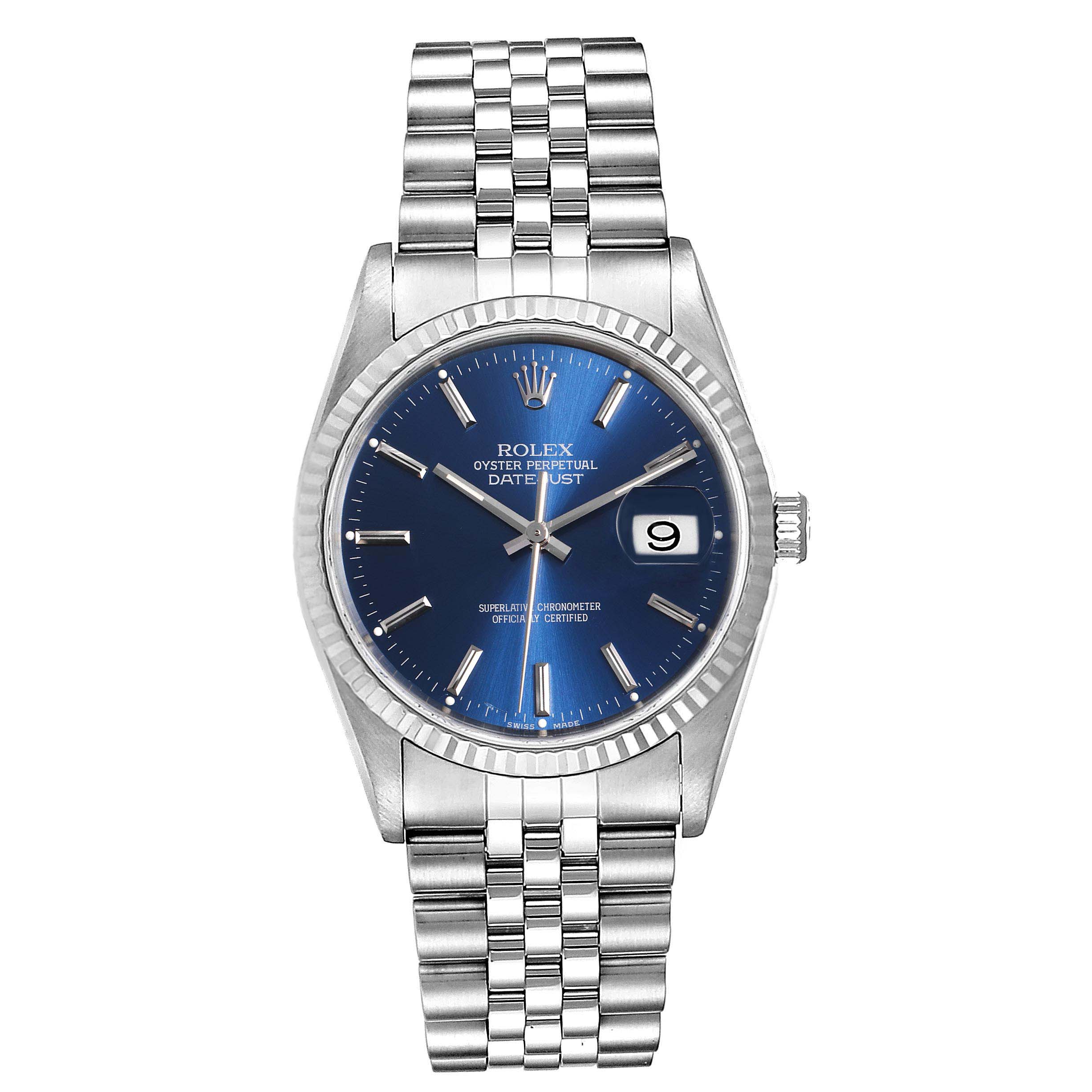 The image shows a front view of a Rolex Datejust 16234 Men's Stainless Steel Blue Dial 16234 Men's Stainless Steel Blue Dial watch featuring a blue dial, fluted bezel, and Jubilee bracelet.