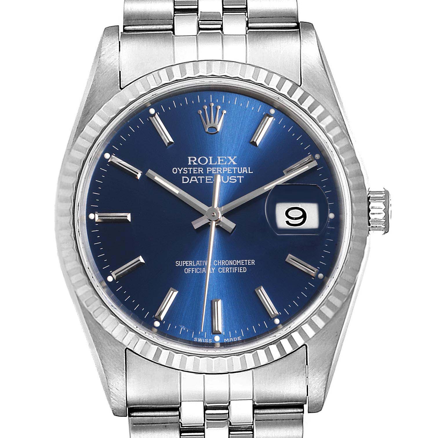 The Rolex Datejust 16234 Men's Stainless Steel Blue Dial 16234 Men's Stainless Steel Blue Dial watch is shown from a front angle, displaying its blue dial, date window, and stainless steel bracelet.