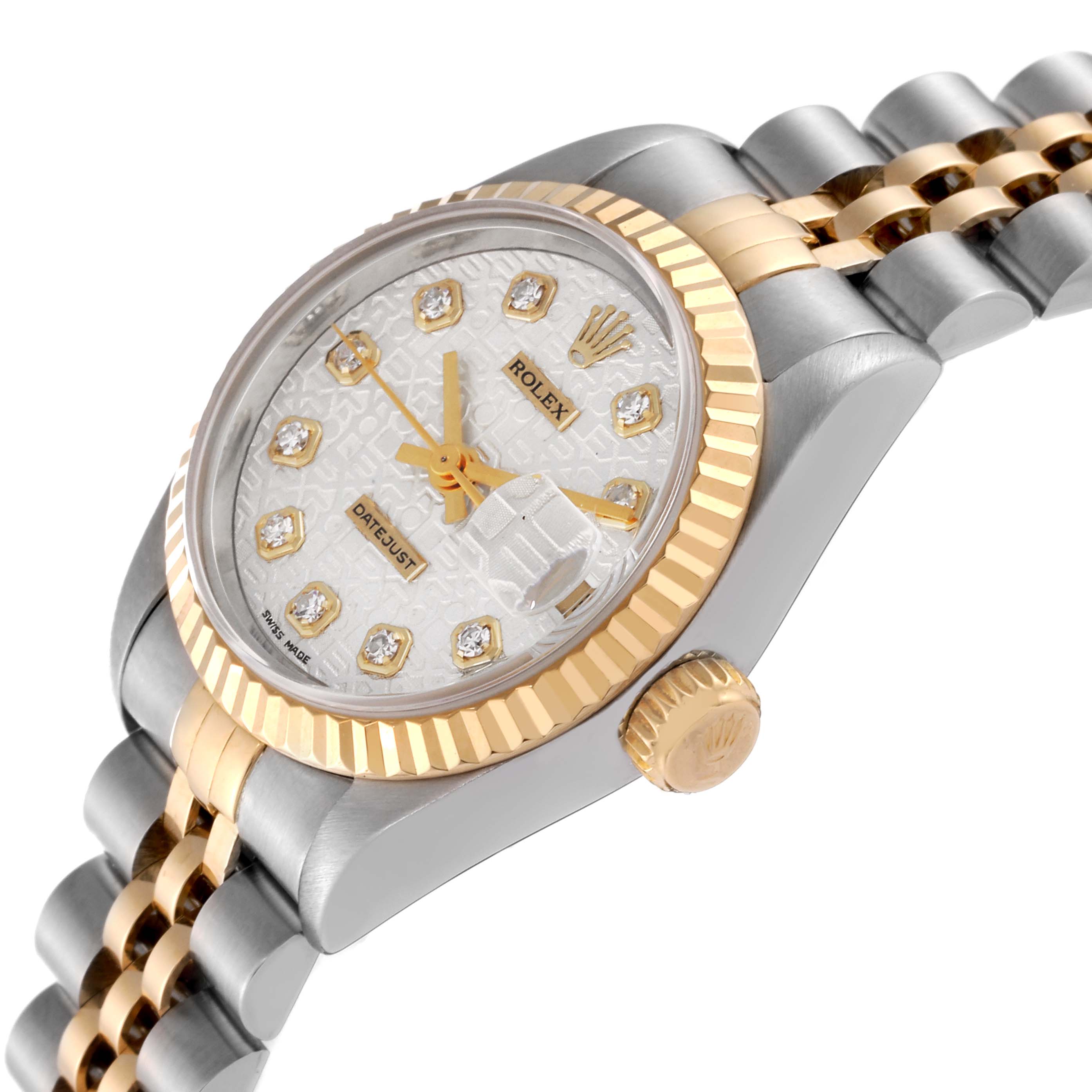 This image shows a side angle view of the Rolex Datejust 69173 Women's Steel and Gold (two tone) Silver Dial 69173 Women's Steel and Gold (two tone) Silver Dial, displaying the crown, bezel, and part of the bracelet.