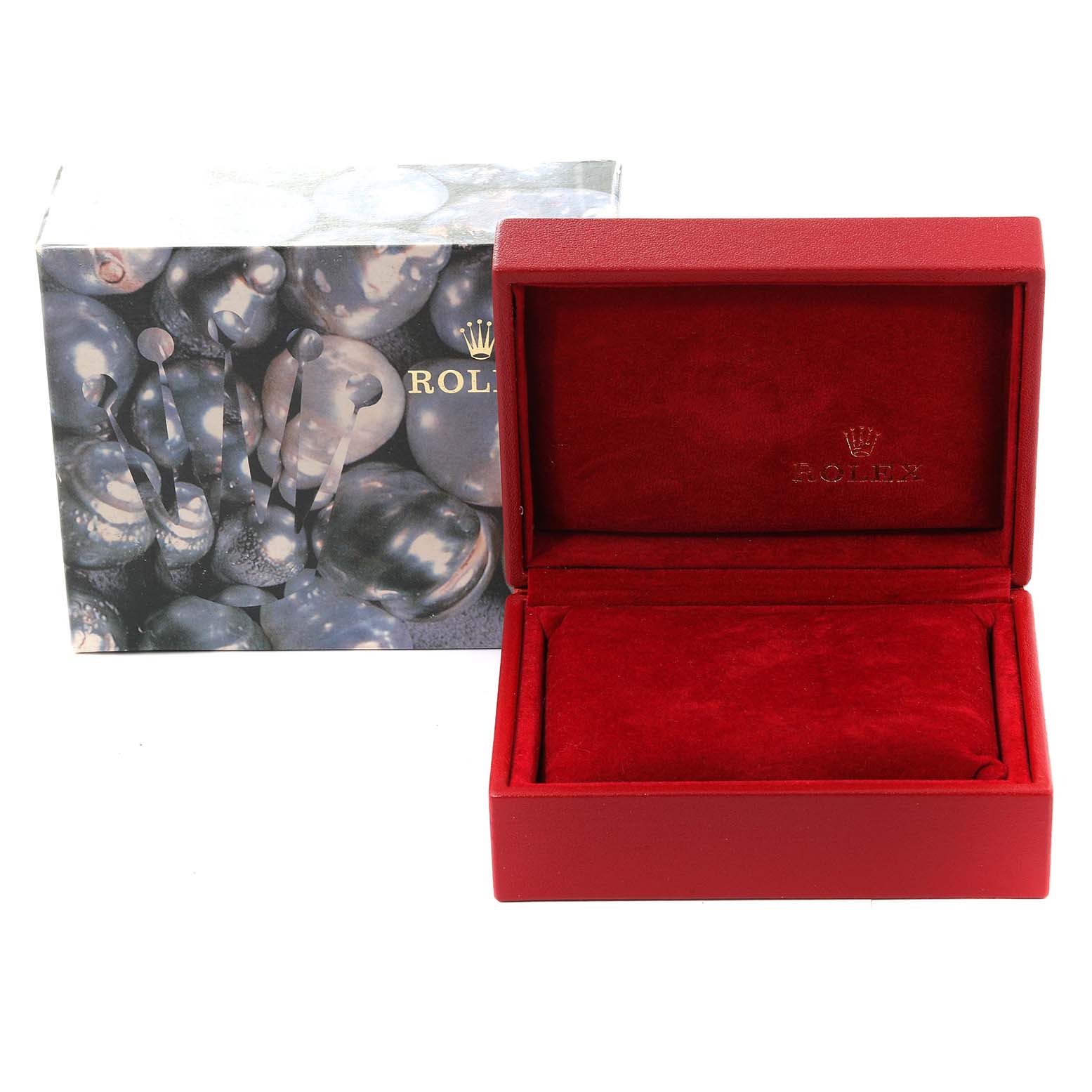 This image shows a red Rolex Datejust 69173 Women's Steel and Gold (two tone) Silver Dial 69173 Women's Steel and Gold (two tone) Silver Dial watch box, opened to reveal a red velvet interior, along with its outer decorative packaging.