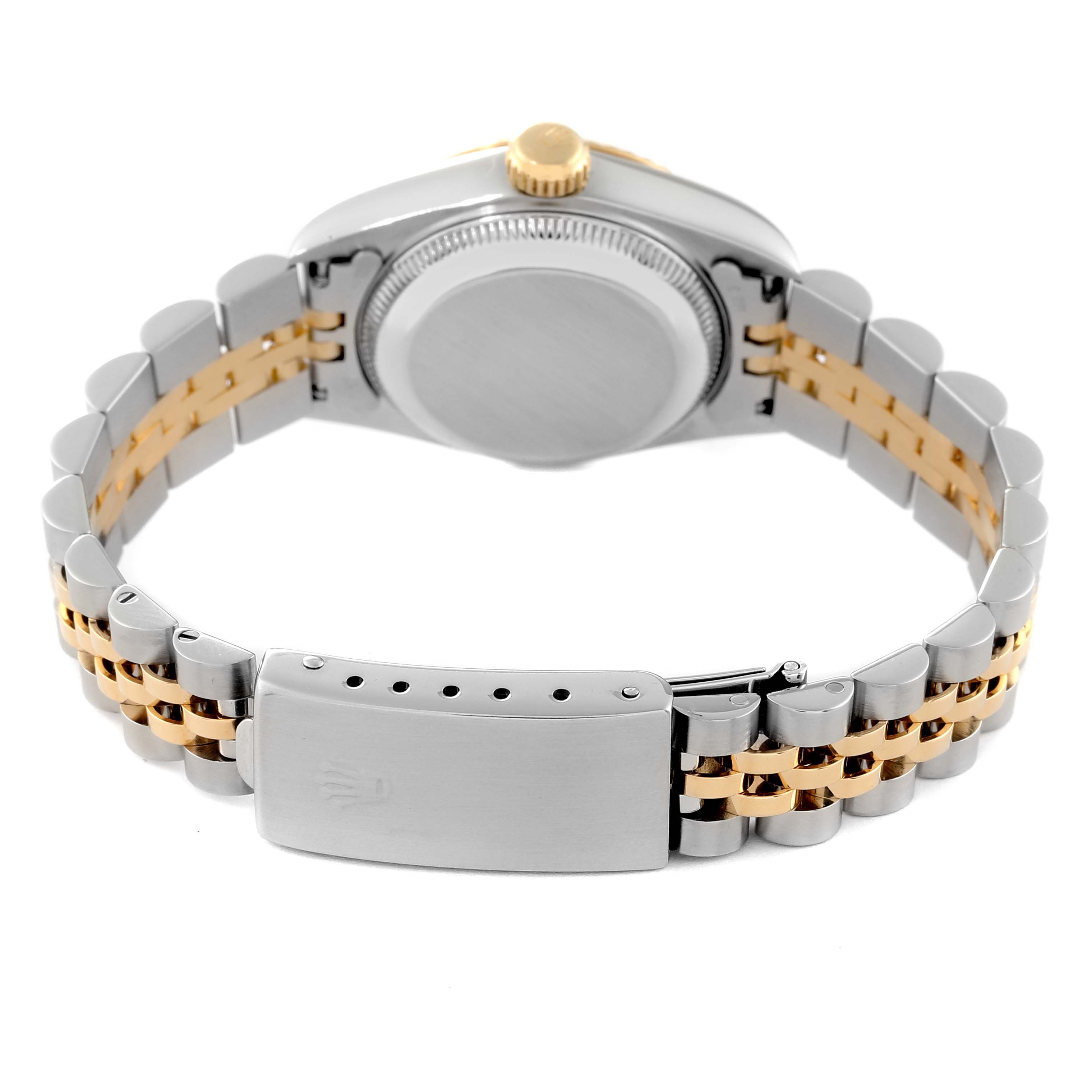 This image shows the back case and bracelet of a Rolex Datejust 69173 Women's Steel and Gold (two tone) Silver Dial 69173 Women's Steel and Gold (two tone) Silver Dial watch, highlighting the two-tone metal and clasp.