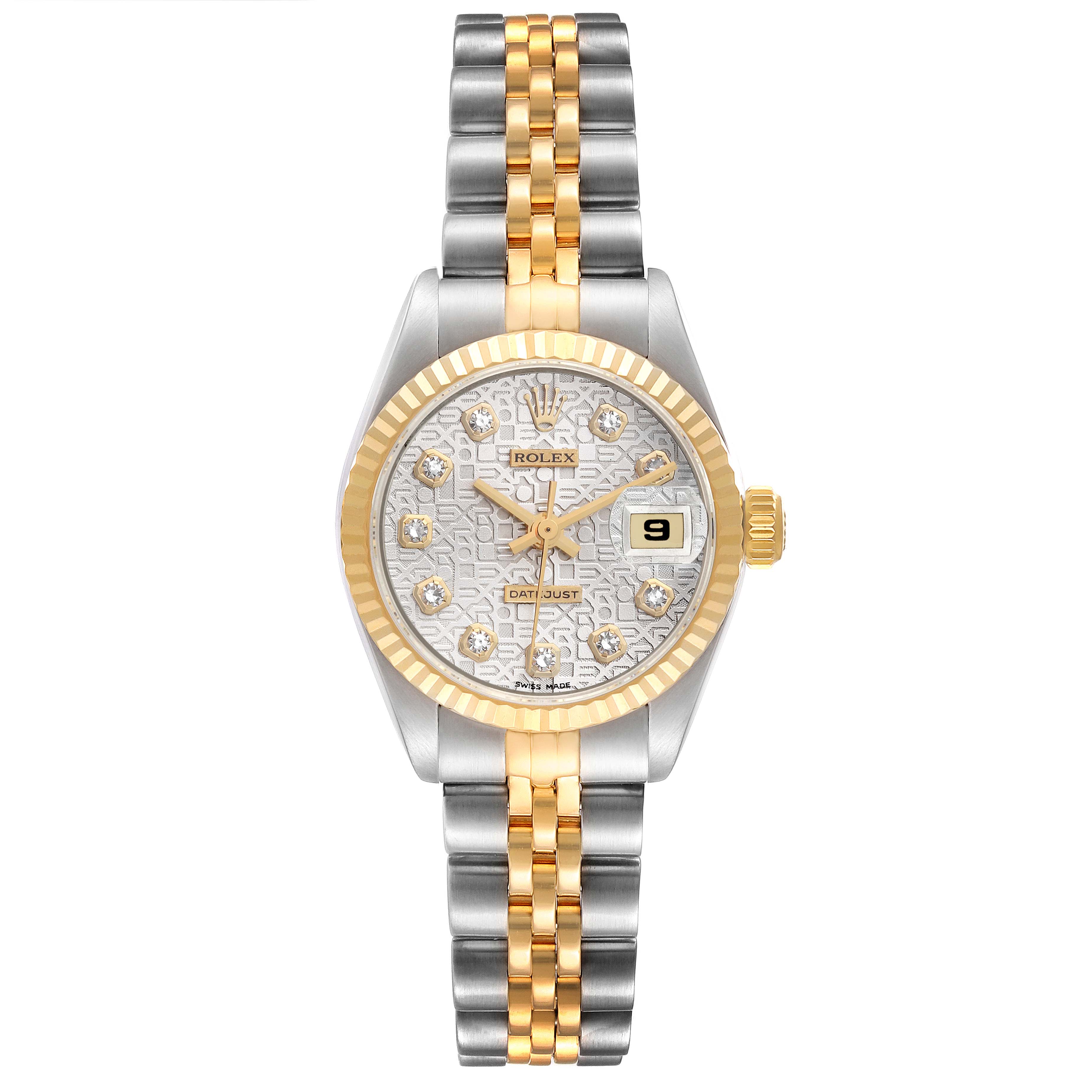 The image shows a Rolex Datejust 69173 Women's Steel and Gold (two tone) Silver Dial 69173 Women's Steel and Gold (two tone) Silver Dial watch from a front angle, displaying the bezel, dial, bracelet, and date window.