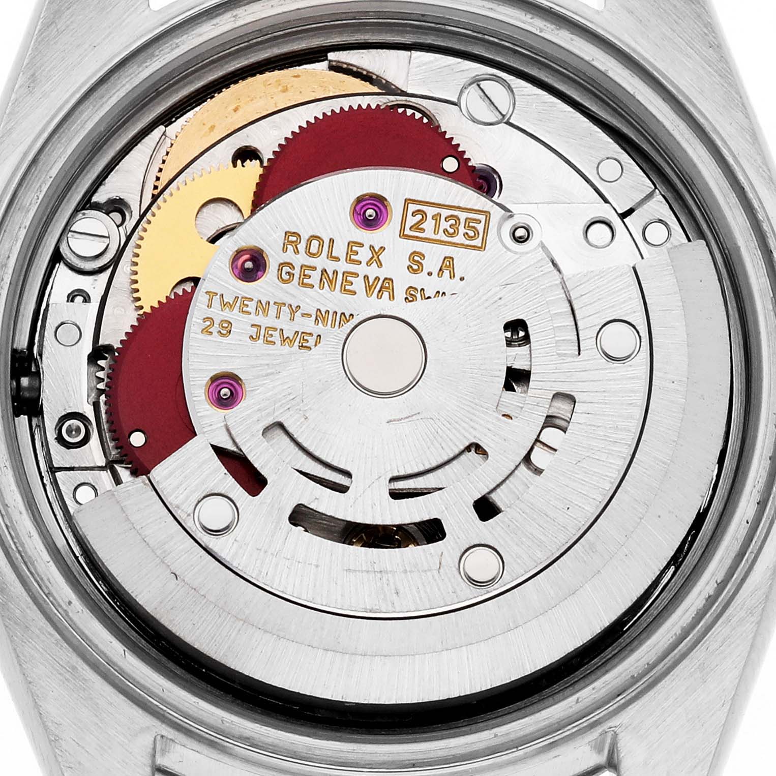 The image shows the internal movement mechanism of a Rolex Datejust 69173 Women's Steel and Gold (two tone) Silver Dial 69173 Women's Steel and Gold (two tone) Silver Dial watch, viewed from the back.
