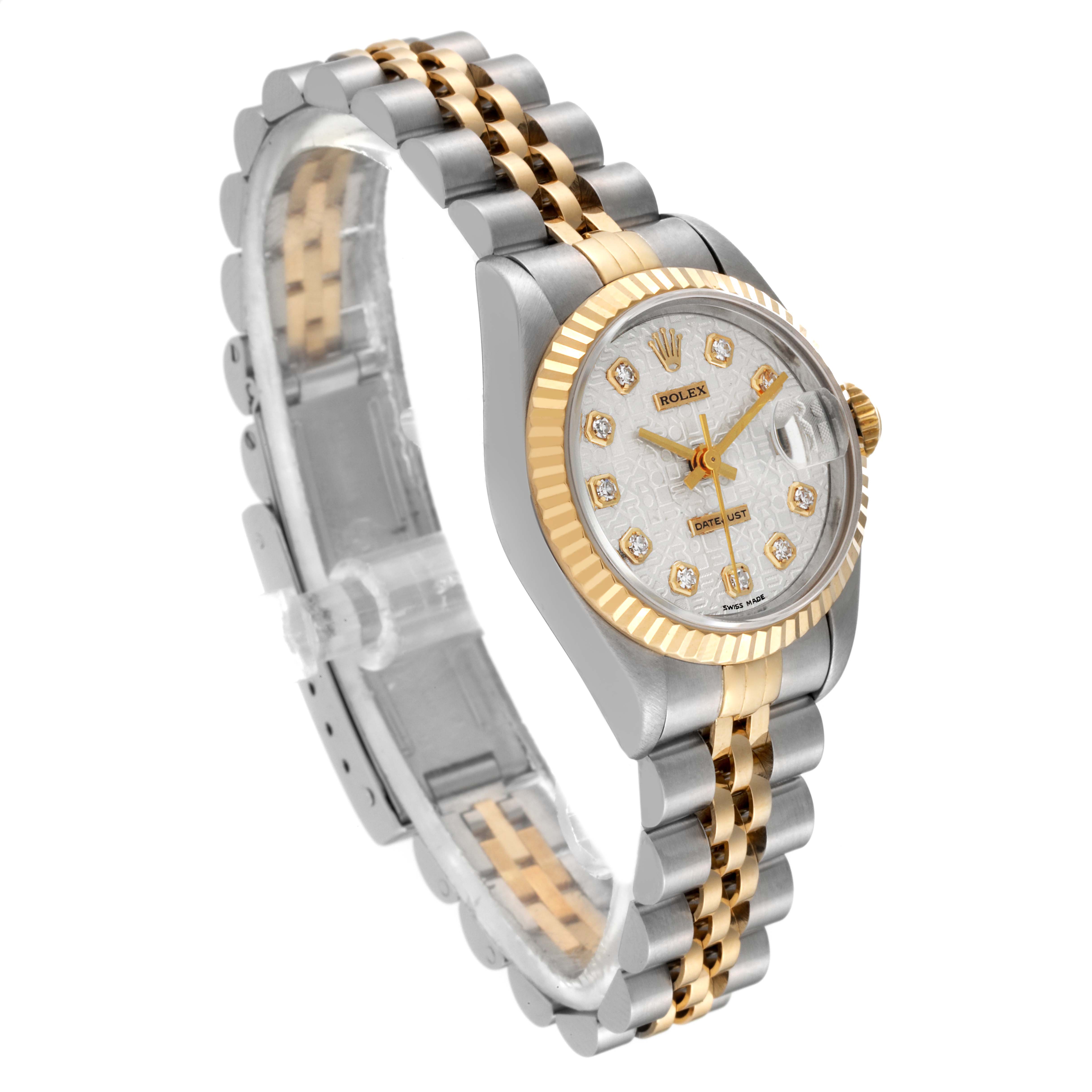 This image shows a Rolex Datejust 69173 Women's Steel and Gold (two tone) Silver Dial 69173 Women's Steel and Gold (two tone) Silver Dial watch at a slight angle, displaying the two-tone bracelet, dial, hands, and date window.